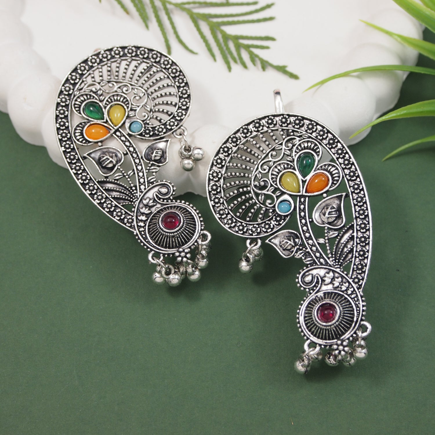 Multicolor Stone Floral Oxidised Ear Cuffs for Women – Navratri Special