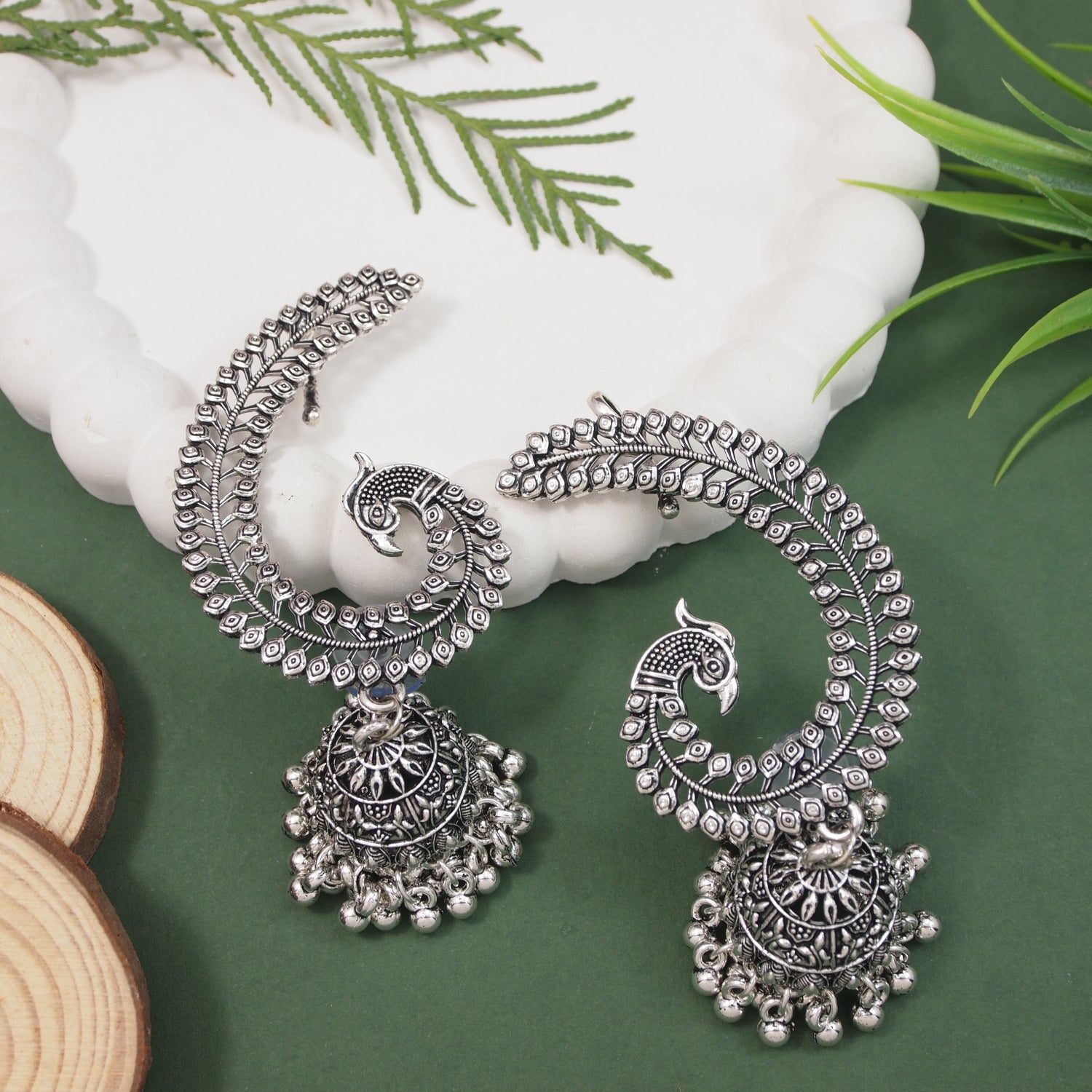 Oxidised Peacock Ear Cuffs with Jhumka Detailing – Navratri Collection