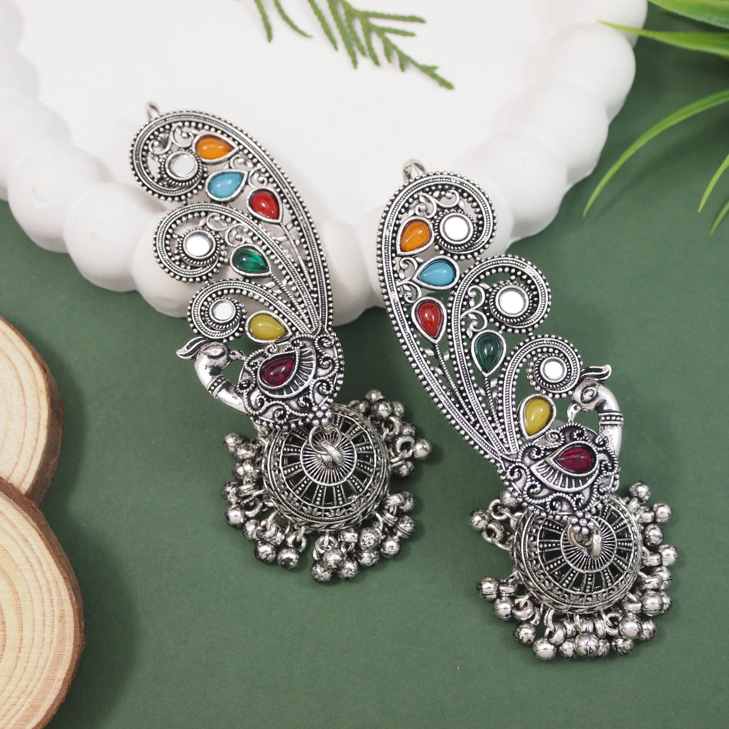 Multicolor Peacock Design Oxidised Ear Cuffs with Jhumka