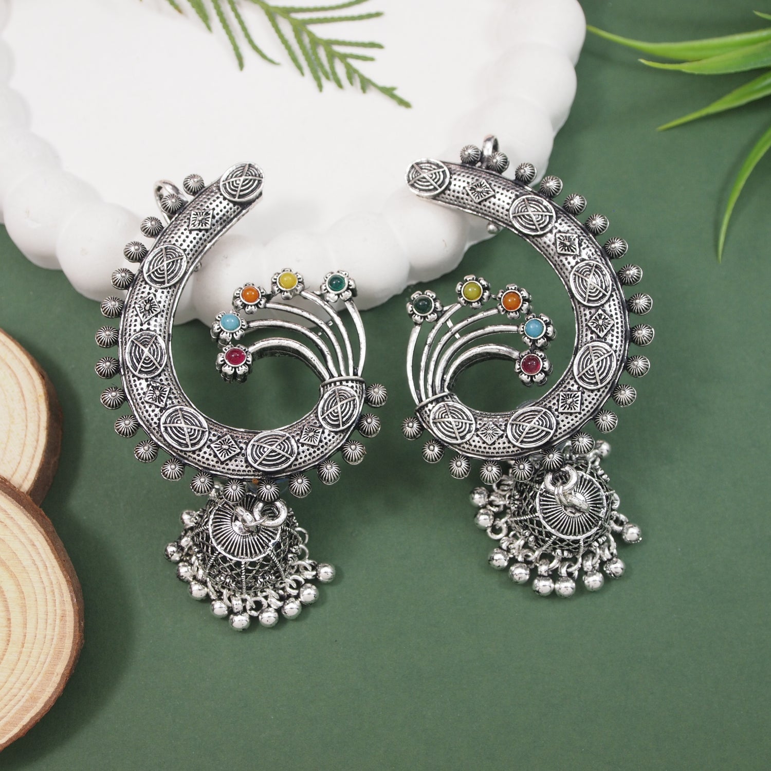 Round Floral Multicolor Oxidised Ear Cuffs with Ghungroo