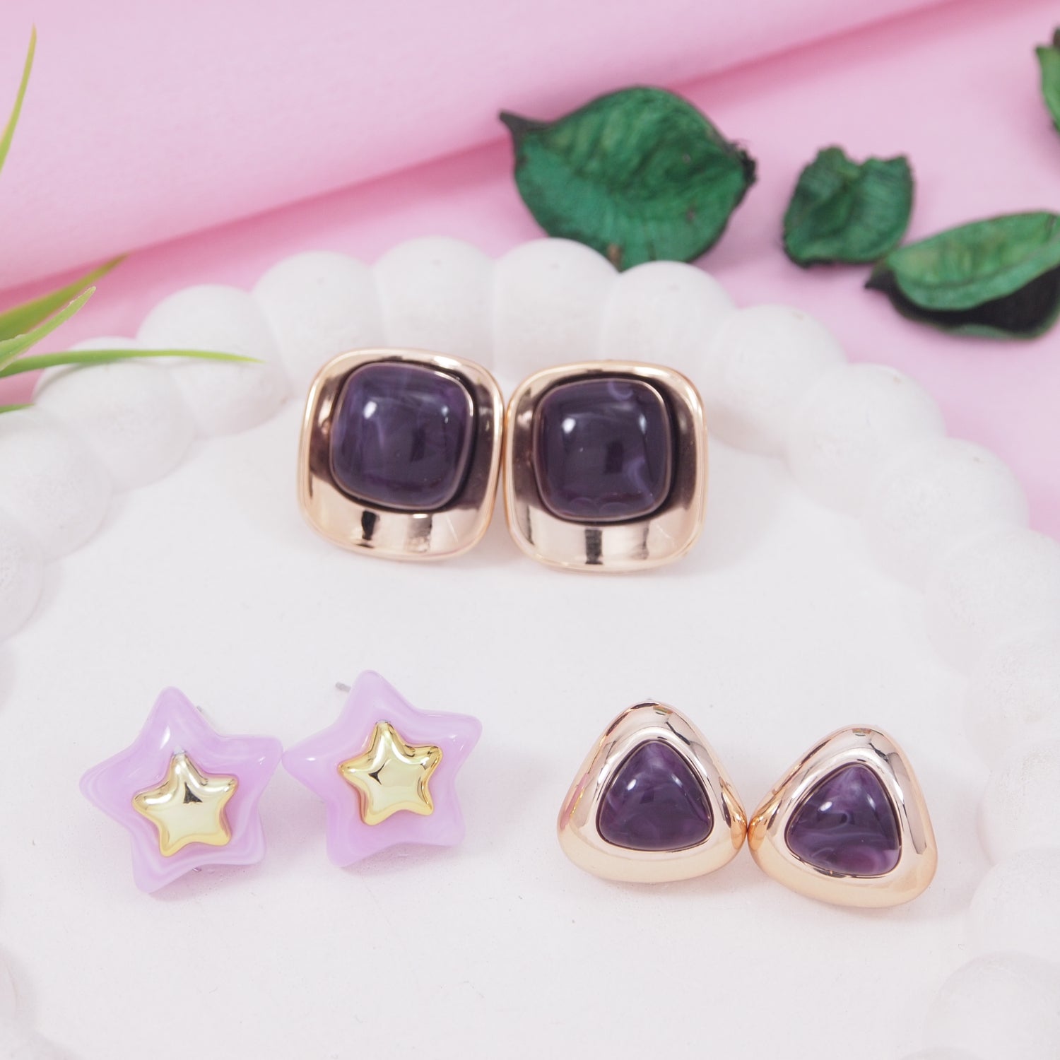 Lavender Dream earring set with lavender enamel star, triangle, and square-shaped gold-toned stud earrings