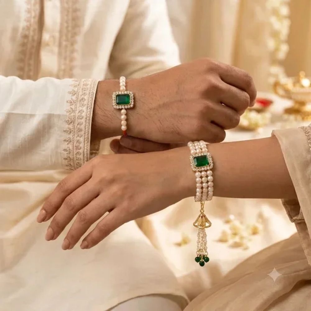 Traditional Bhaiya Bhabhi Lumba Pearl & Rakhi With Roli Chawal