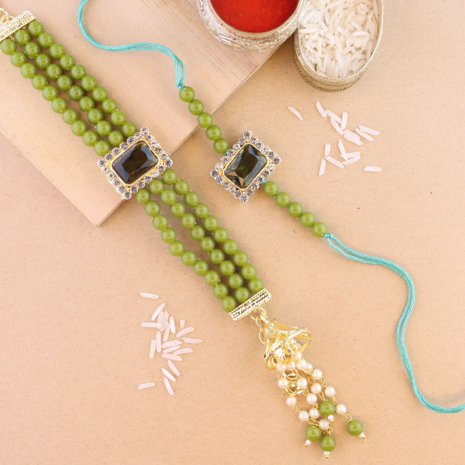 Elegant Bhaiya Bhabhi Lumba & Pearl Rakhi With Roli Chawal & Card