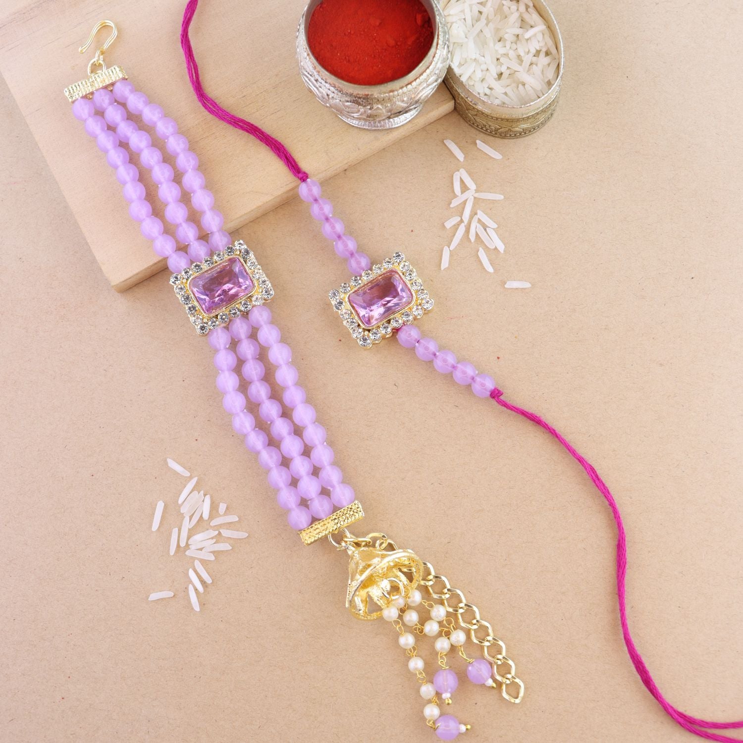Elegant Bhaiya Bhabhi Lumba & Pearl Rakhi With Roli Chawal & Card