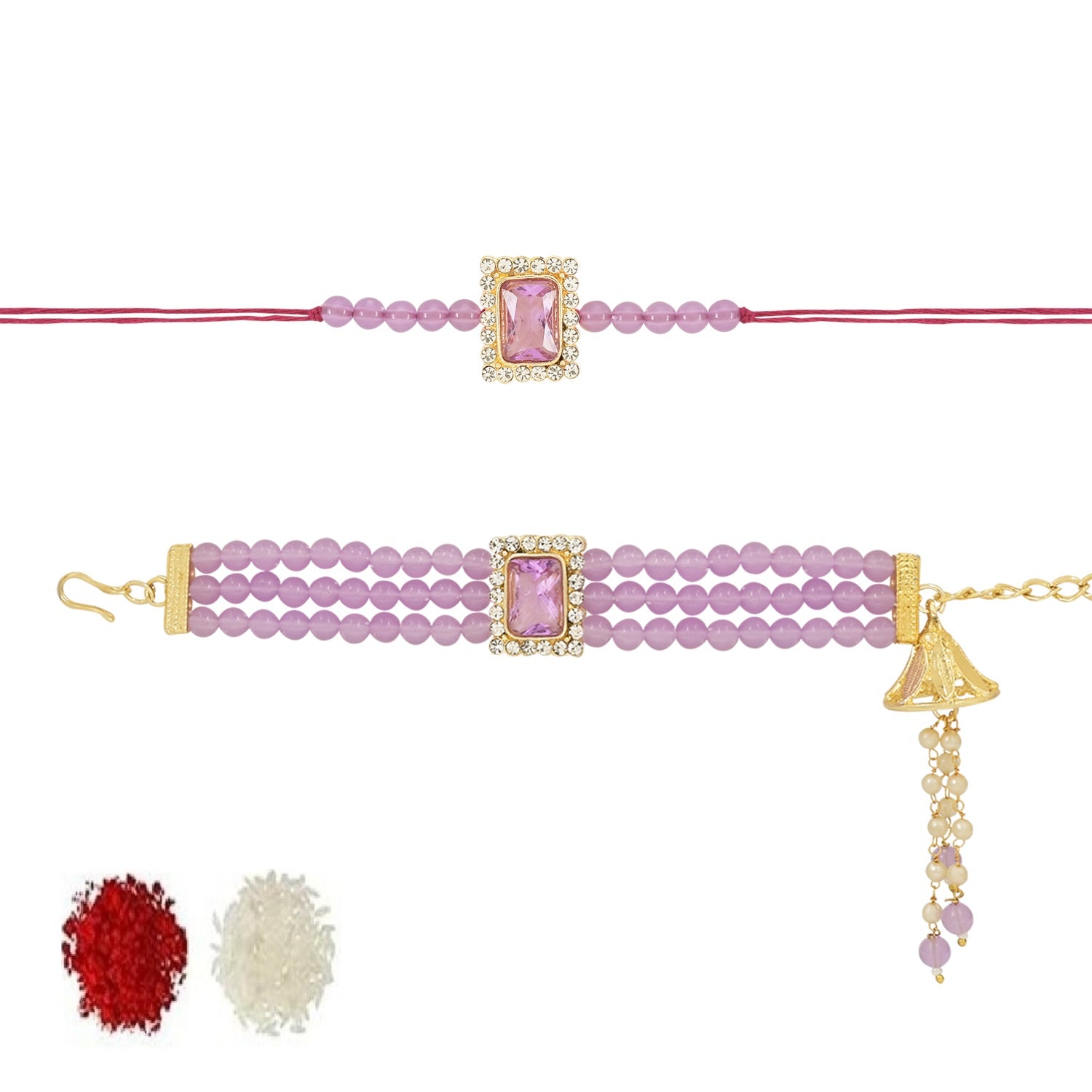 Elegant Bhaiya Bhabhi Lumba & Pearl Rakhi With Roli Chawal & Card