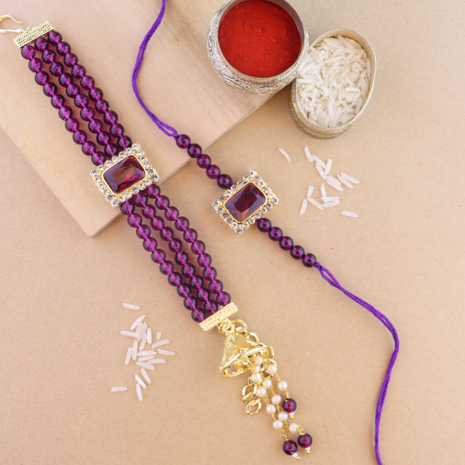 Elegant Bhaiya Bhabhi Lumba & Pearl Rakhi With Roli Chawal & Card