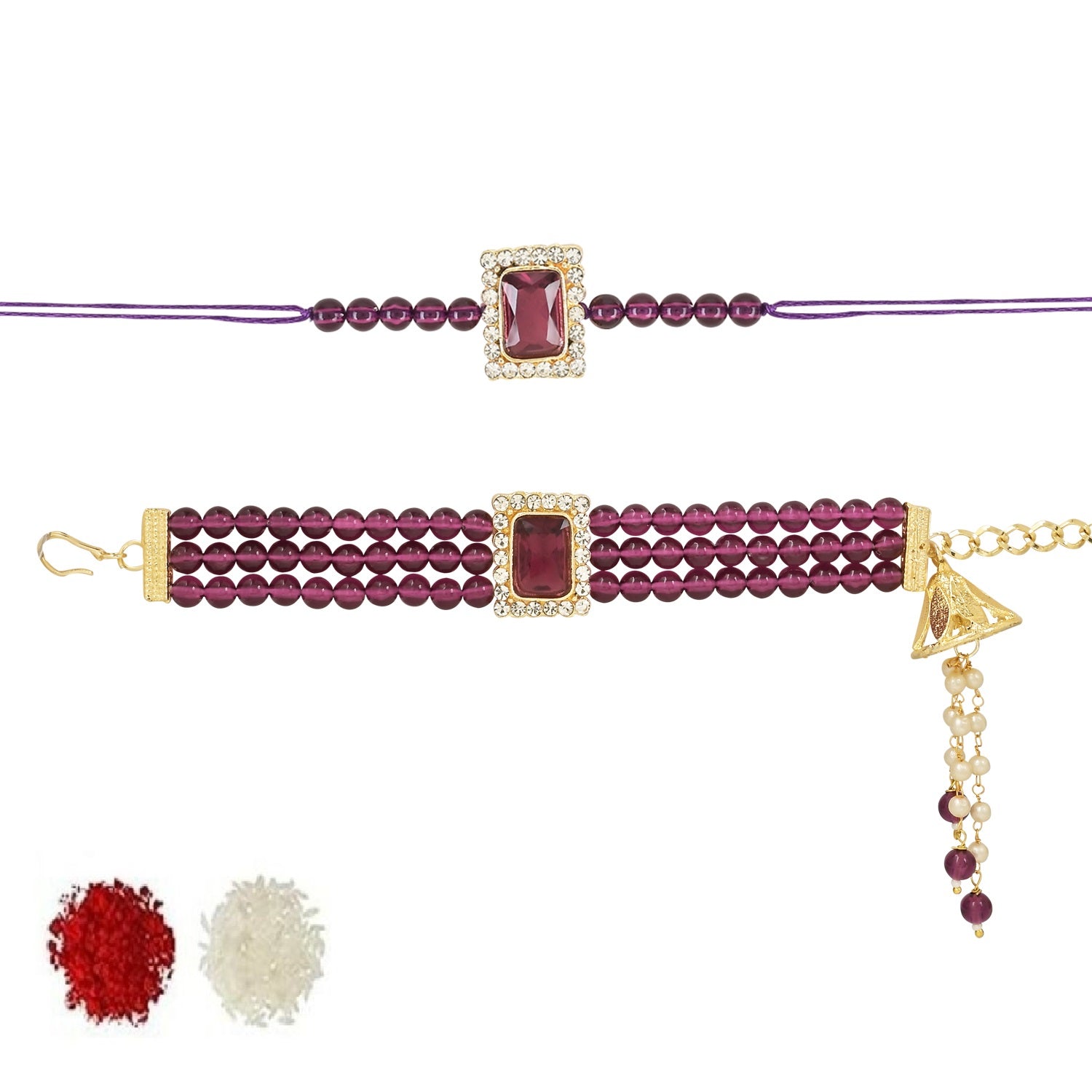 Elegant Bhaiya Bhabhi Lumba & Pearl Rakhi With Roli Chawal & Card