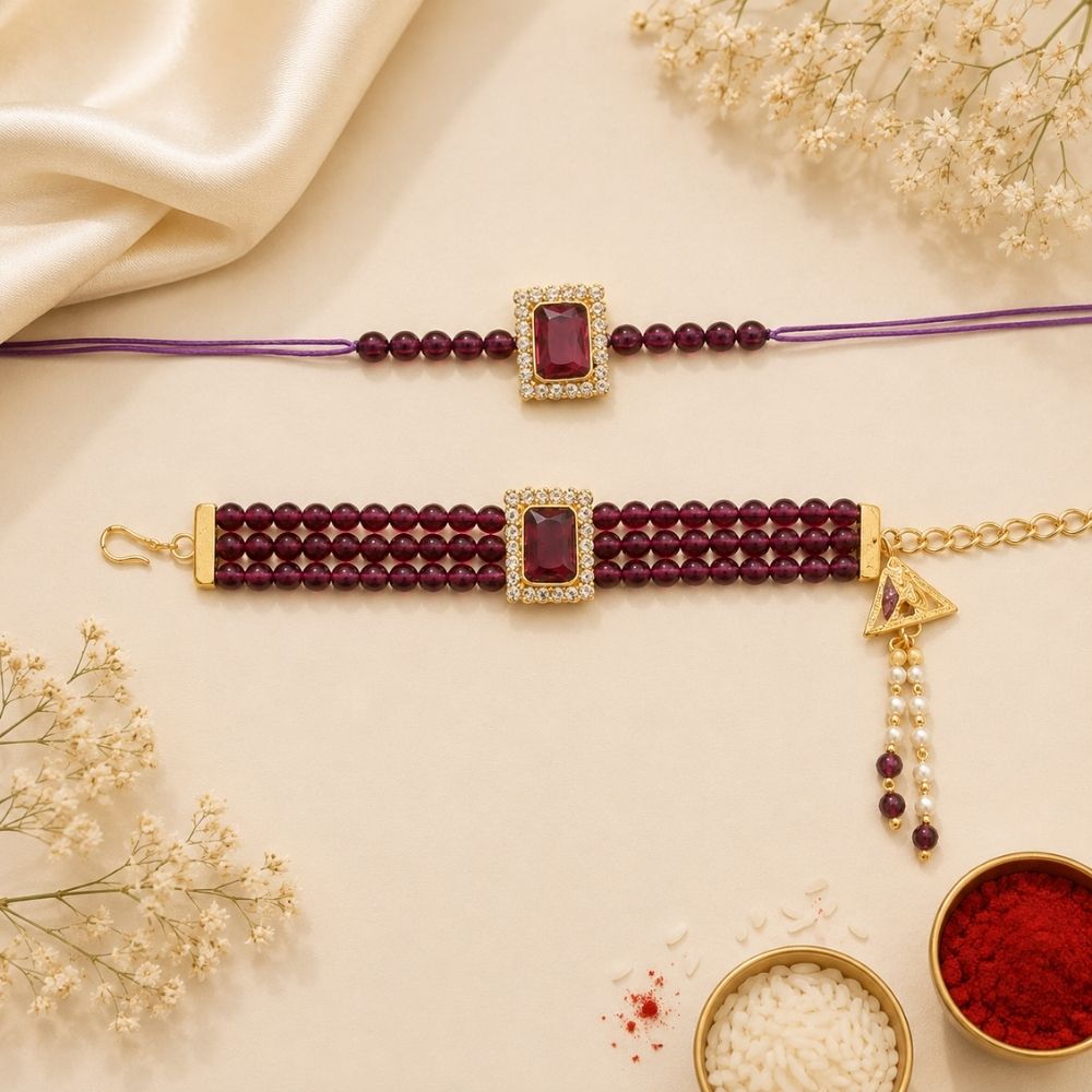 Elegant Bhaiya Bhabhi Lumba & Pearl Rakhi With Roli Chawal & Card