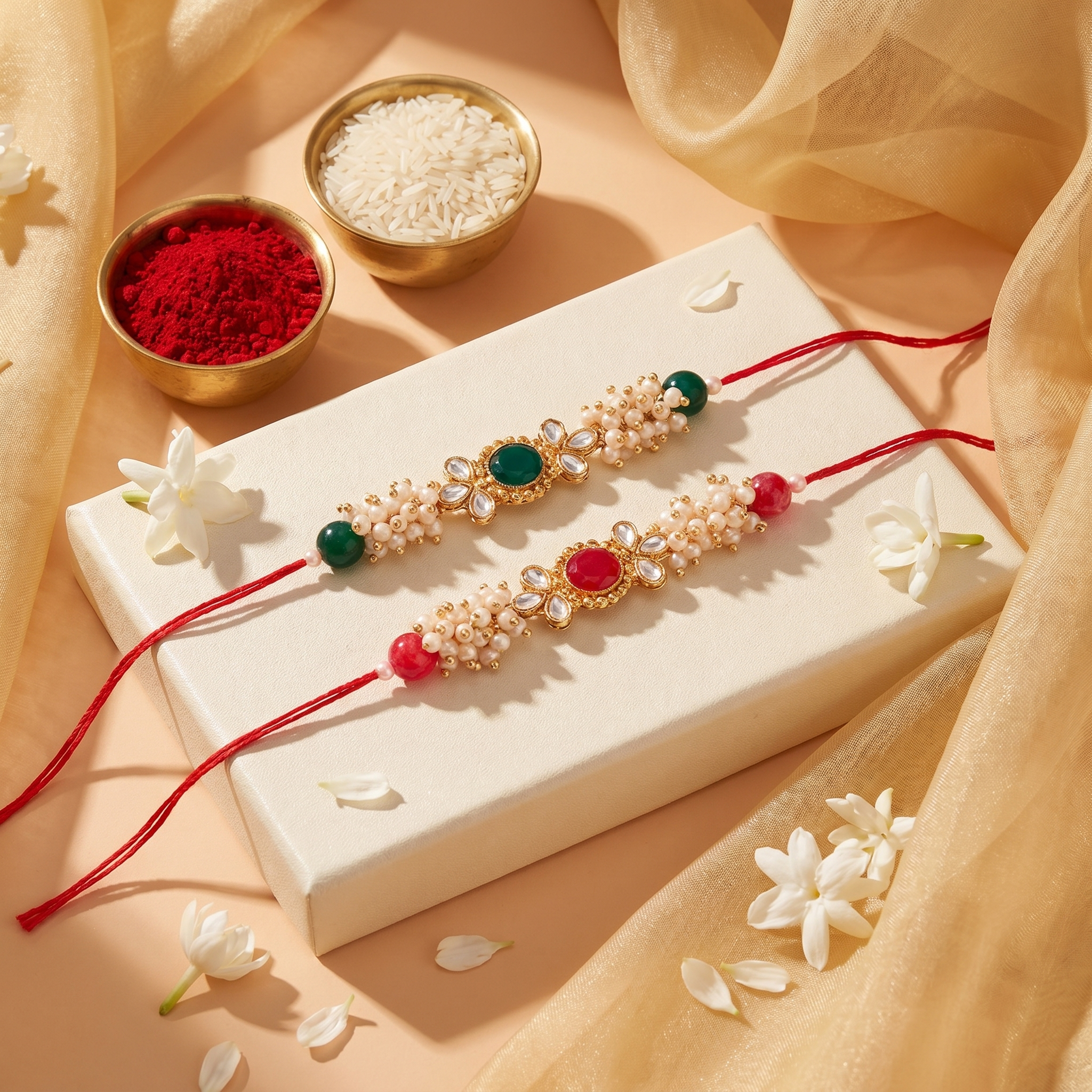 Gold Plated Ethnic Designer Pearl Kundan Combo Rakhi Bracelet for Brother/Men