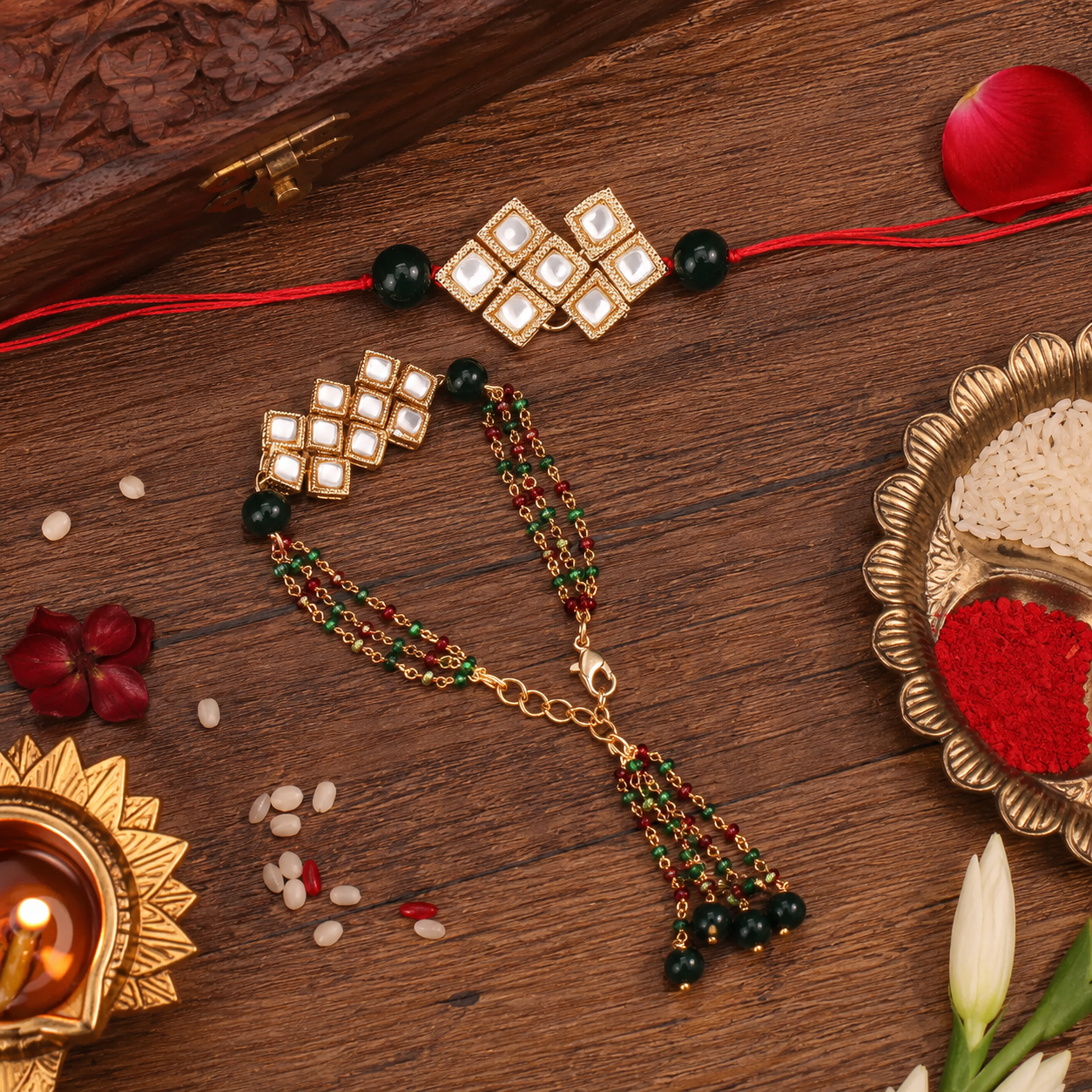 Kundan Bhaiya Bhabhi Lumba Pearl Rakhi With Roli Chawal