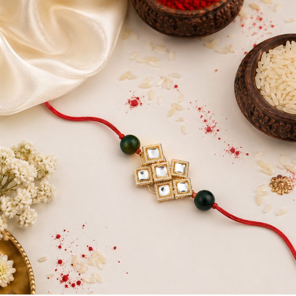 Gold Plated Ethnic Designer Kundan Beads Rakhi Bracelet for Brother/Men