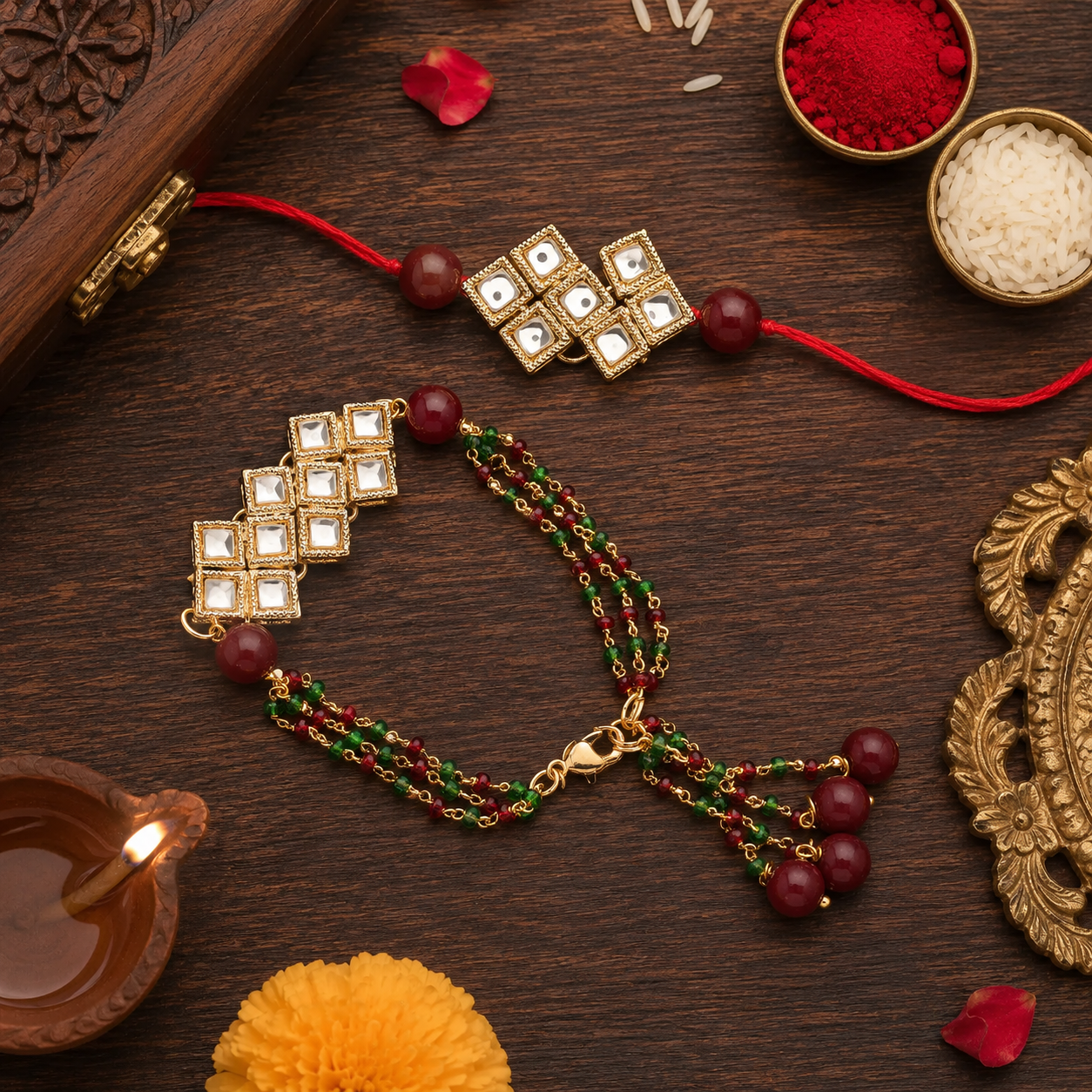 Kundan Bhaiya Bhabhi Lumba Pearl Rakhi With Roli Chawal