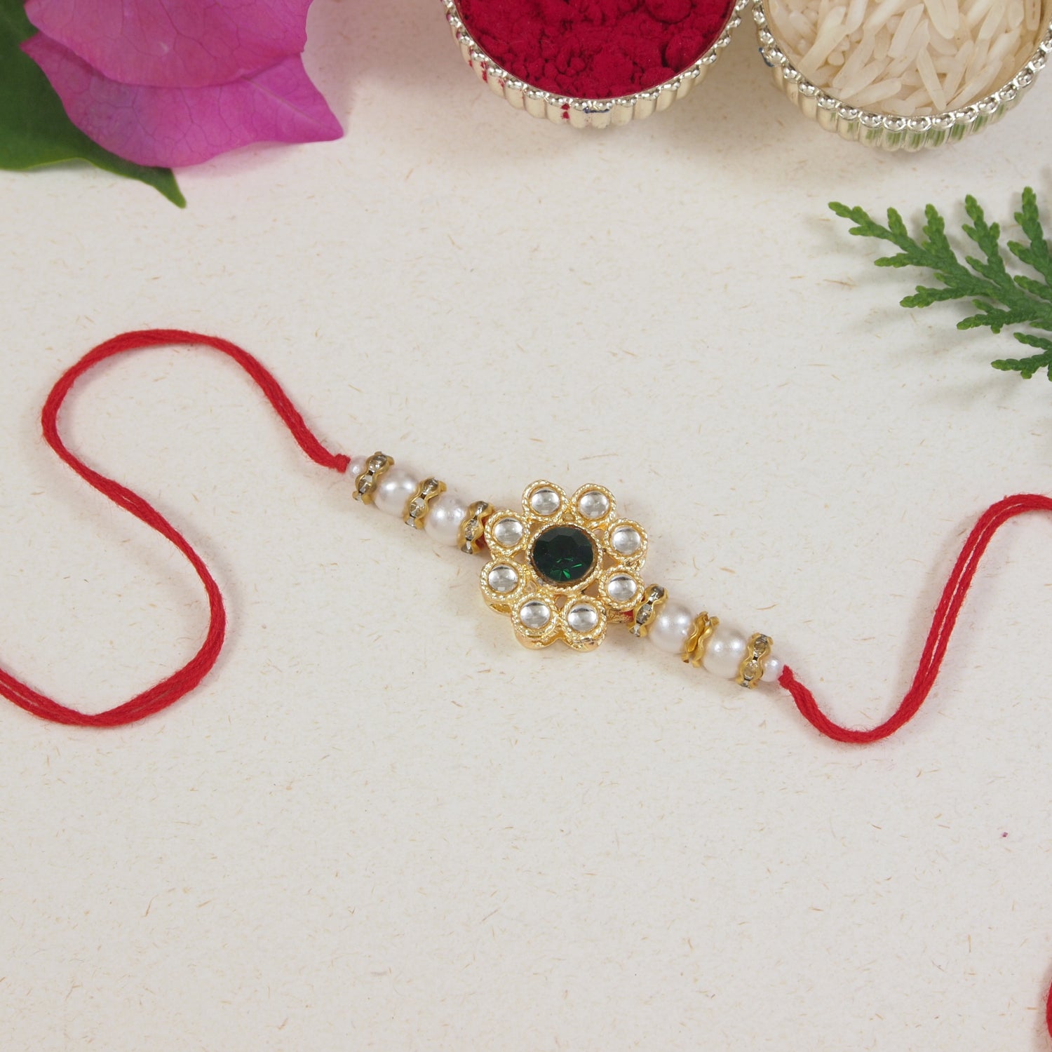 Gold Plated Ethnic Designer Pearl Kundan Rakhi Bracelet for Brother/Men