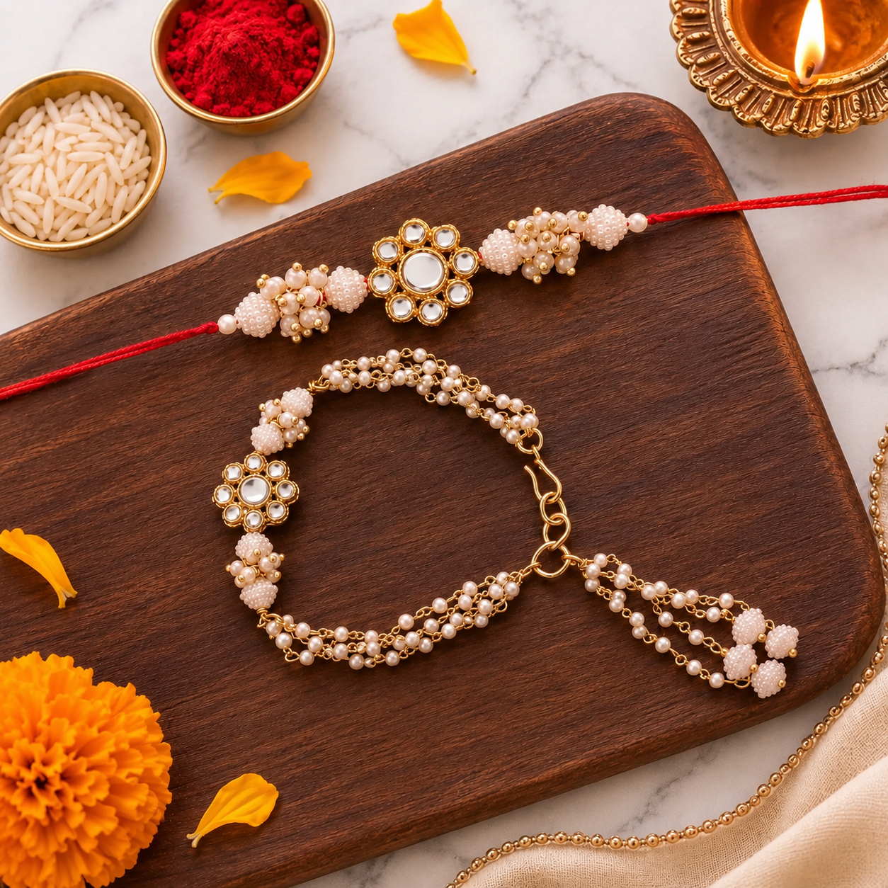 Traditional Bhaiya Bhabhi Lumba Pearl & Rakhi With Roli Chawal