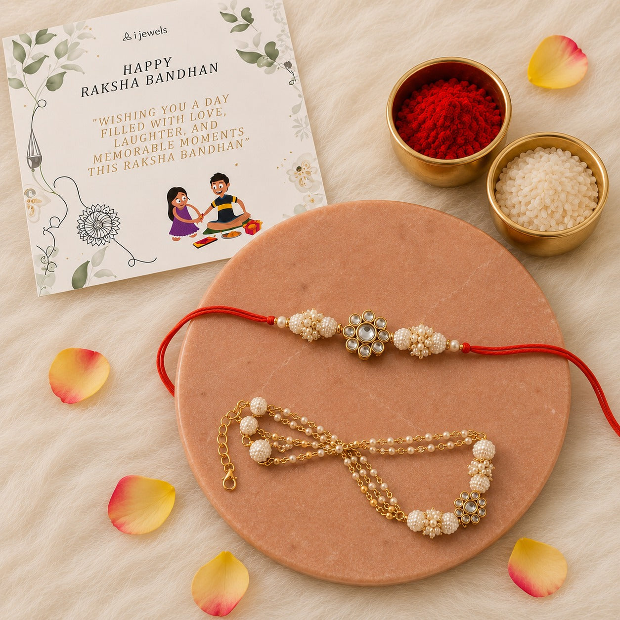 Traditional Bhaiya Bhabhi Lumba Pearl & Rakhi With Roli Chawal