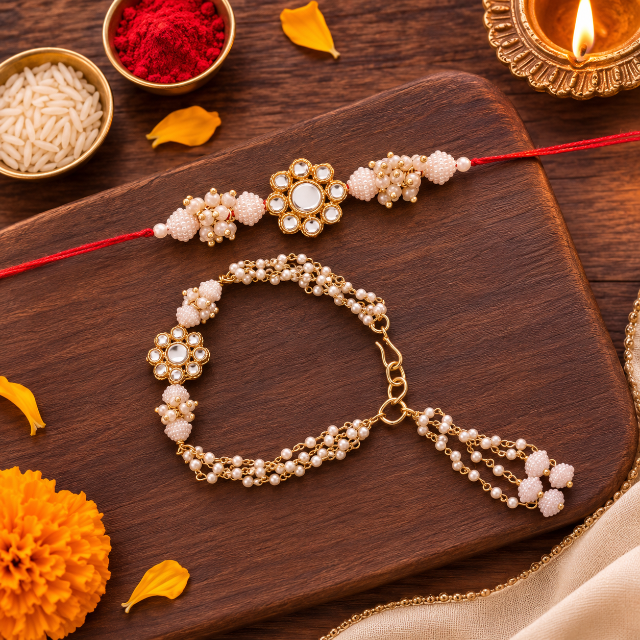 Traditional Bhaiya Bhabhi Lumba Pearl & Rakhi With Roli Chawal