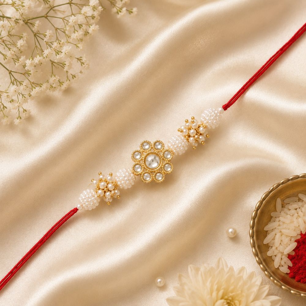 Gold Plated Ethnic Designer Pearl Kundan Rakhi Bracelet for Brother/Men