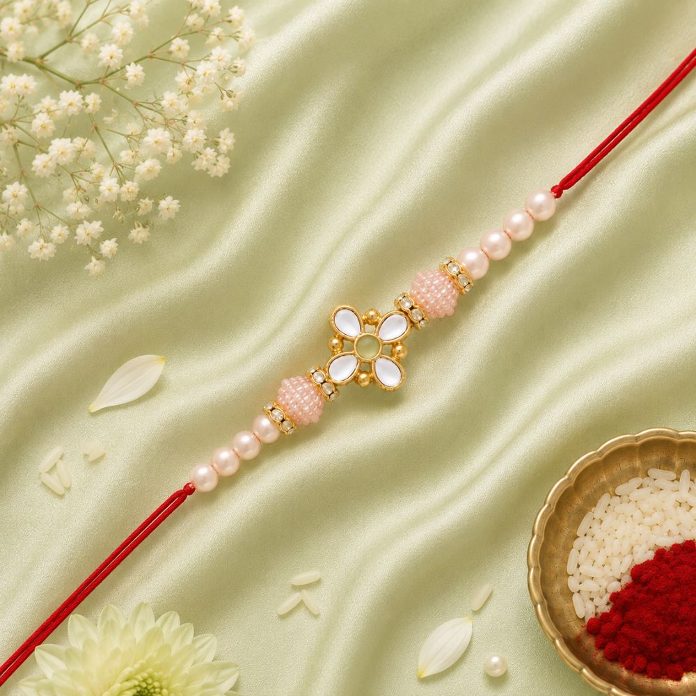 Gold Plated Ethnic Designer Pearl Kundan Rakhi Bracelet for Brother/Men