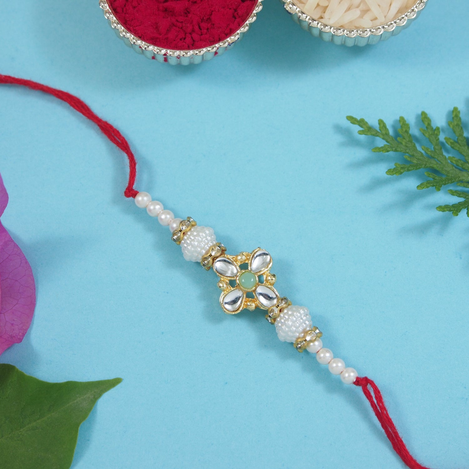 Gold Plated Ethnic Designer Pearl Kundan Rakhi Bracelet for Brother/Men