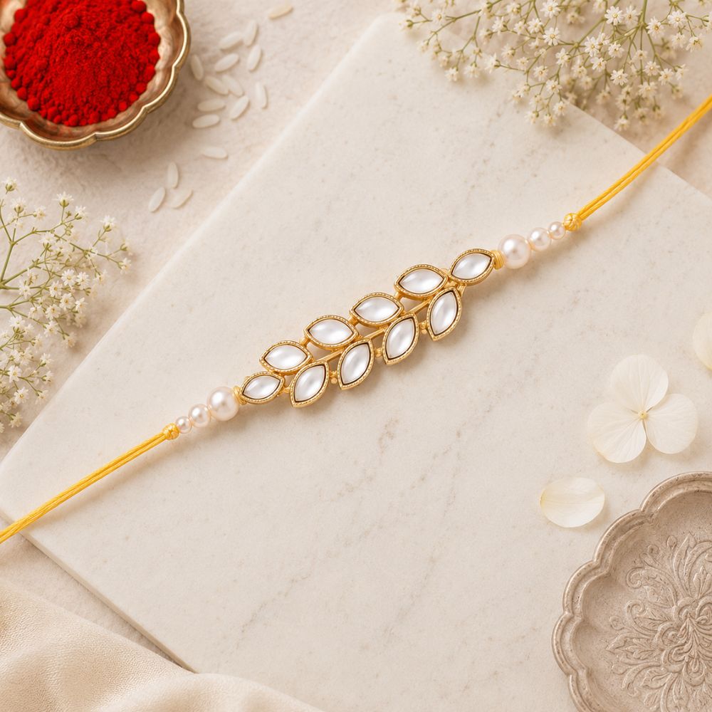 Gold Plated Pearl Stone Beaded Rakhi Bracelet for Brother/Men
