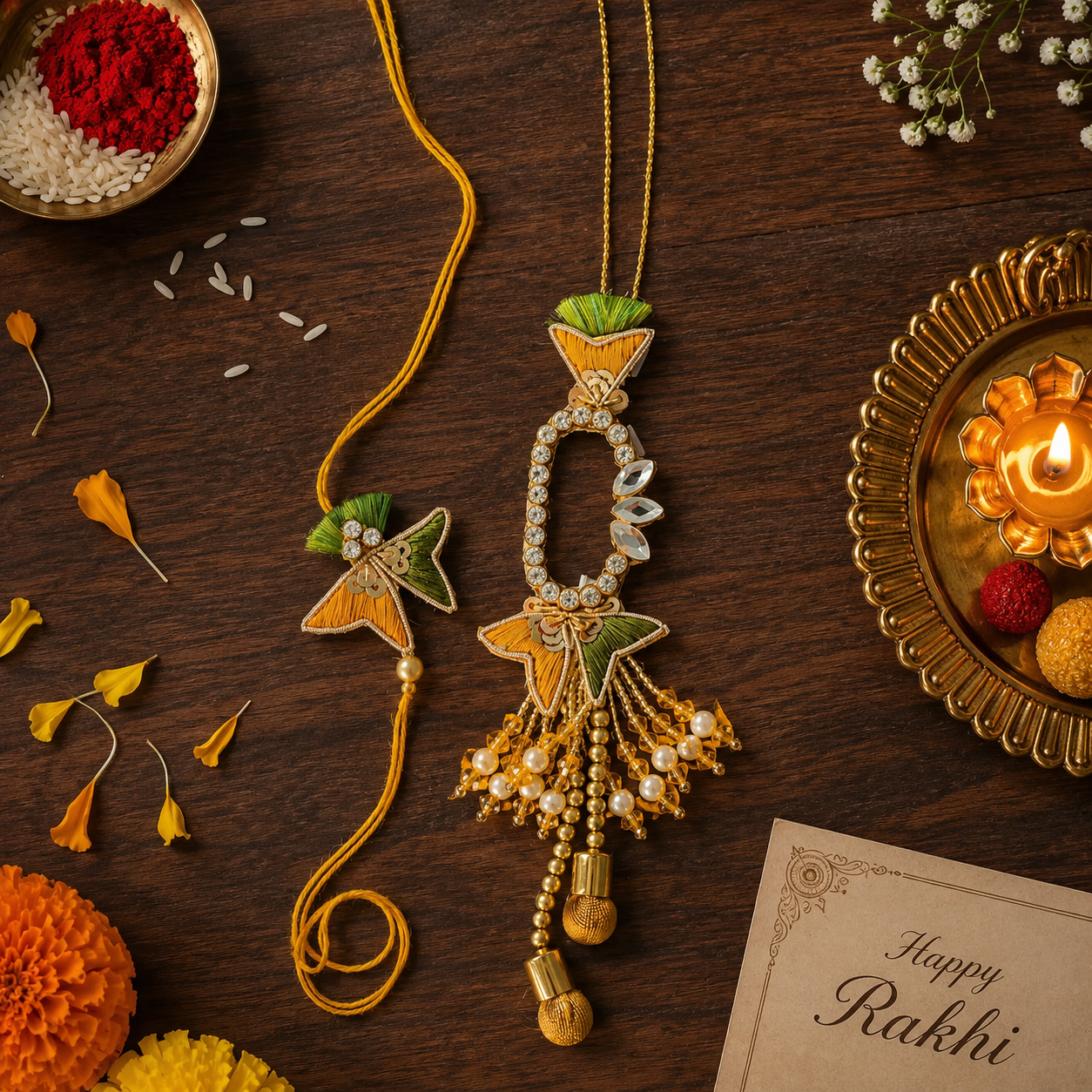 Yellow Green Pearl Bead Bhaiya Bhabhi Rakhi With Roli Chawal