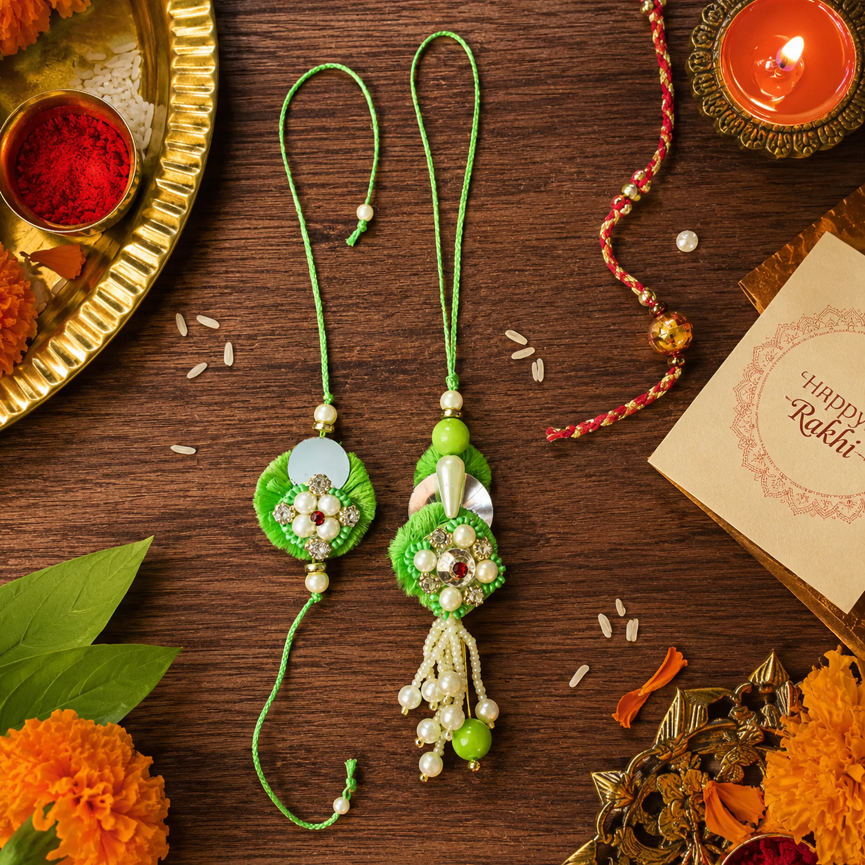 Green and White Pearl Bead Bhaiya Bhabhi Rakhi with roli chawal