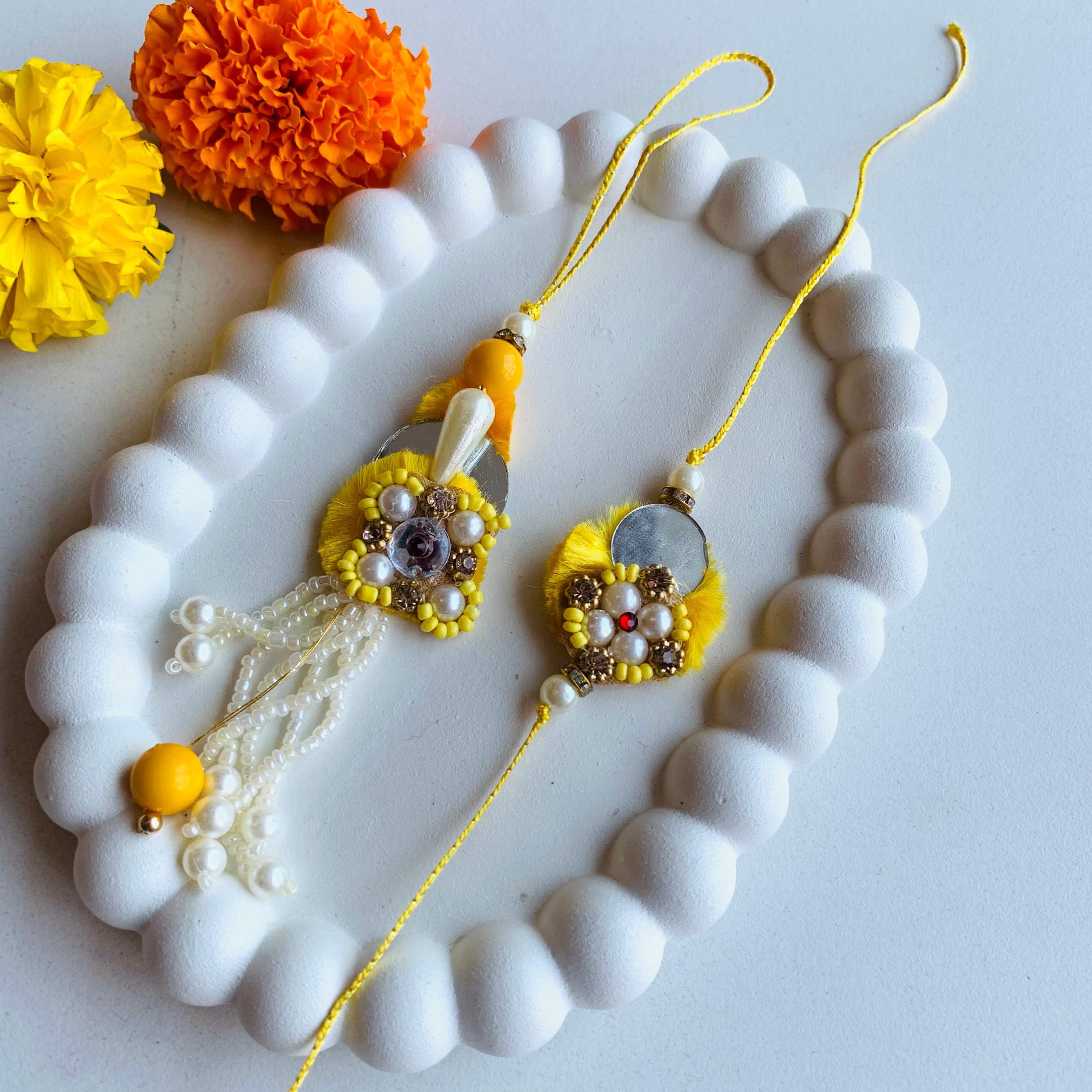Yellow White Pearl Bead Bhaiya Bhabhi Rakhi With Roli and Chawal