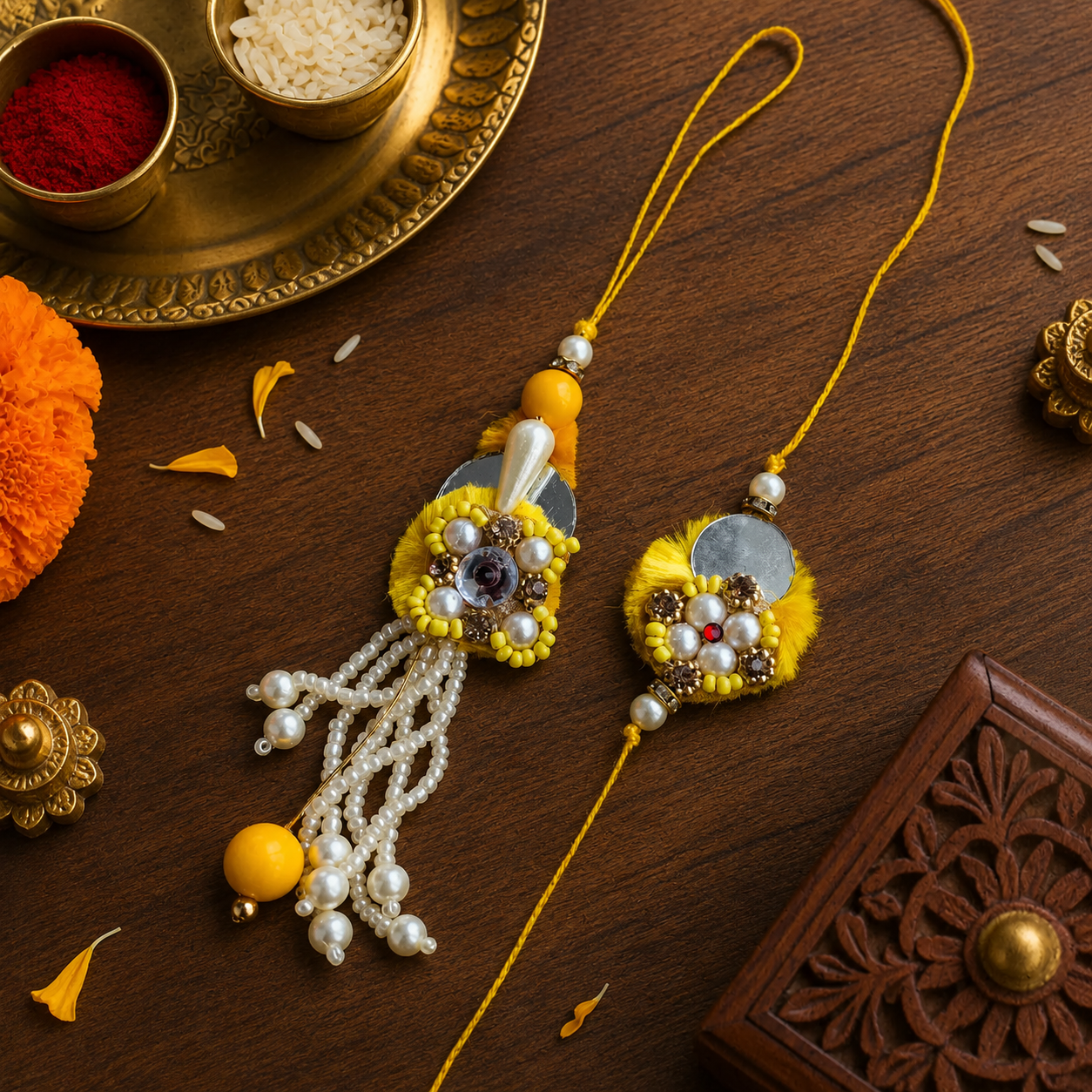 Yellow White Pearl Bead Bhaiya Bhabhi Rakhi With Roli and Chawal