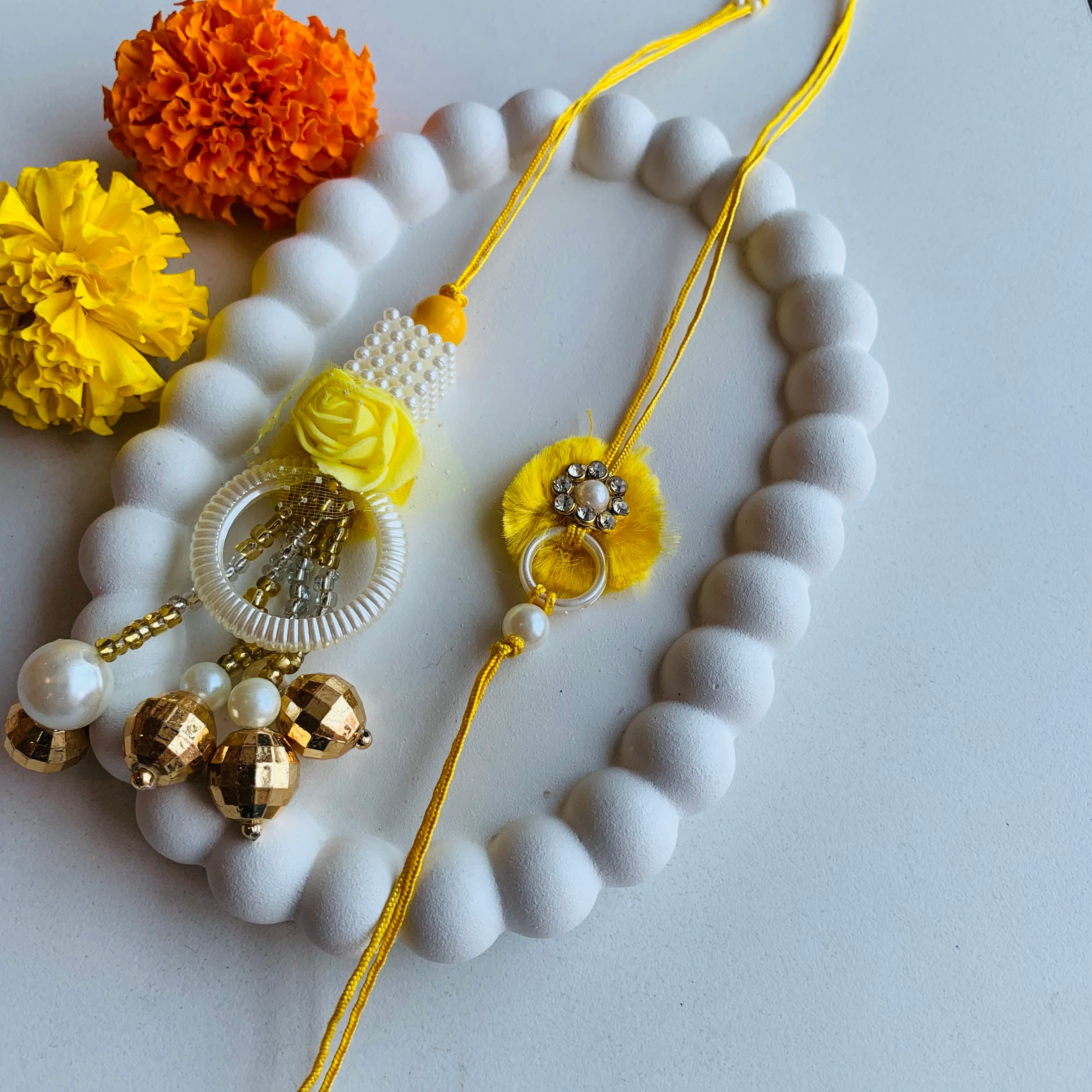 Yellow  Pearl Bead Bhaiya Bhabhi Rakhi With Roli chawal