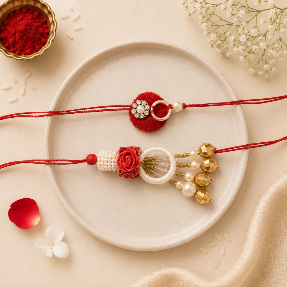 Red Flower Pearl Rakhi Bhaiya Bhabhi With Roli Chawal