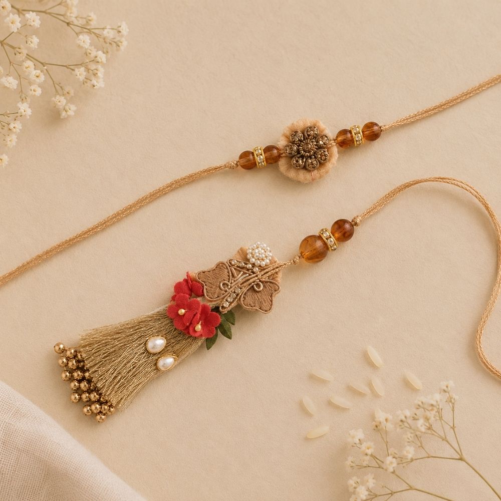 Designer Bhaiya Bhabhi Hanging Lumba & Rakhi Combo Set