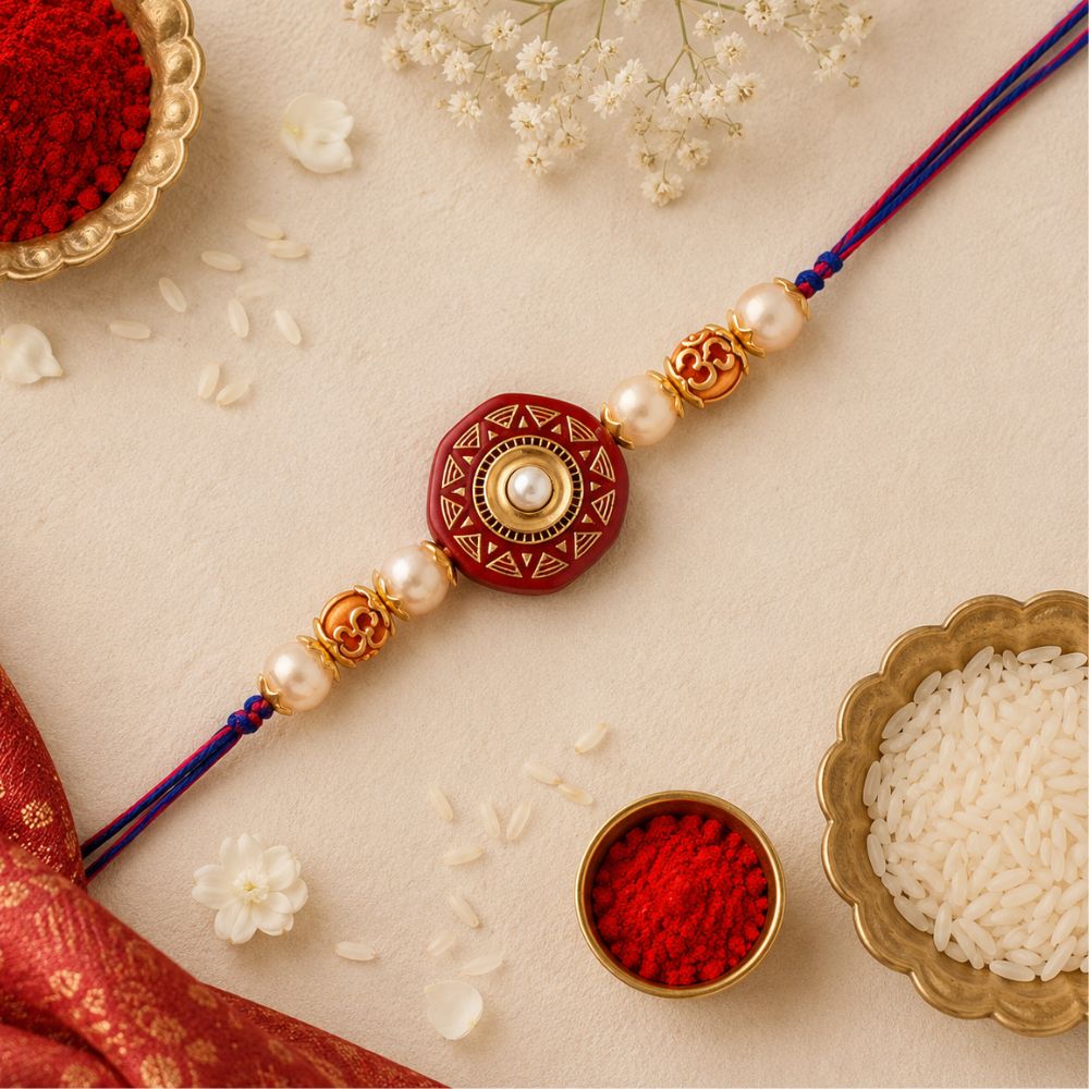 Gold Plated Ethnic Designer Pearl Kundan Rakhi Bracelet for Brother/Men