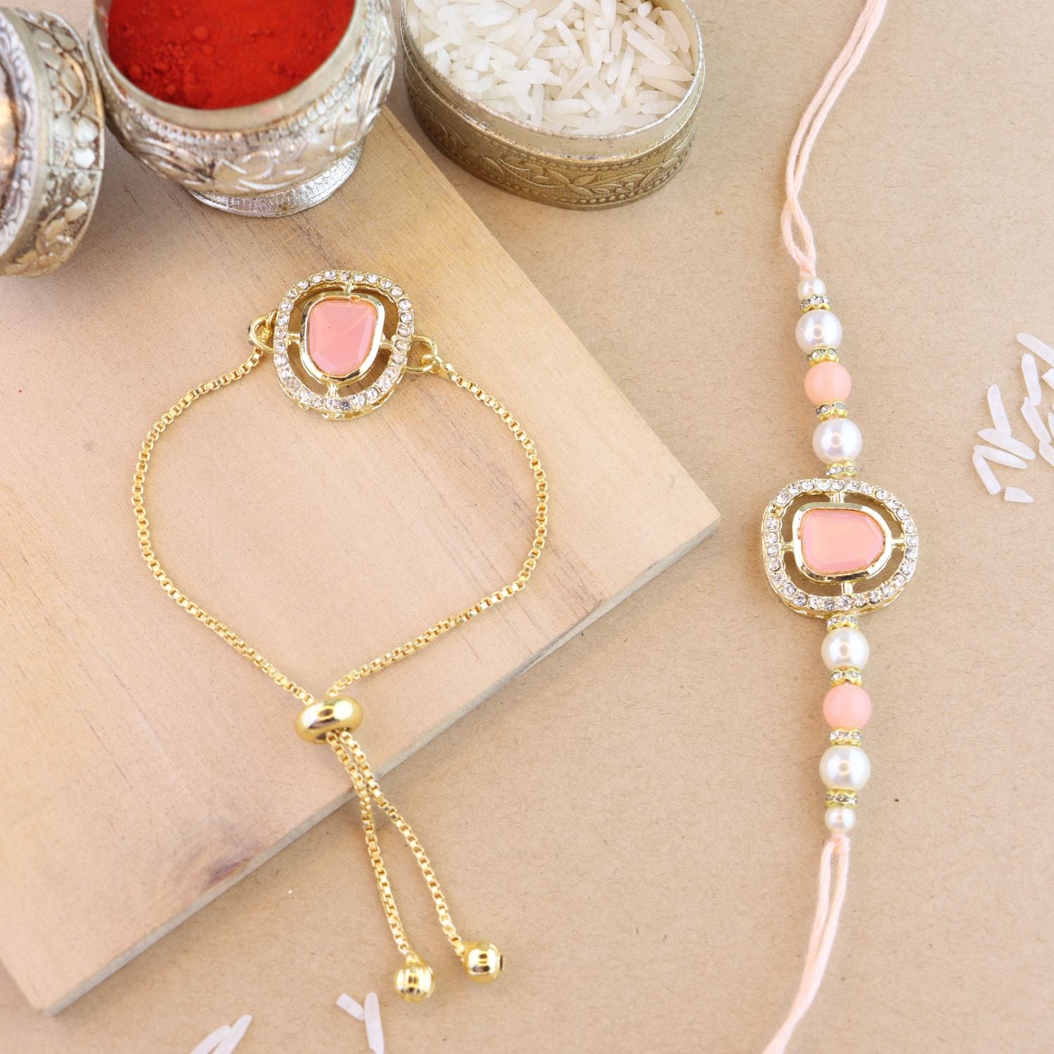 Designer Bhaiya Bhabhi Hanging Lumba & Rakhi Combo Set