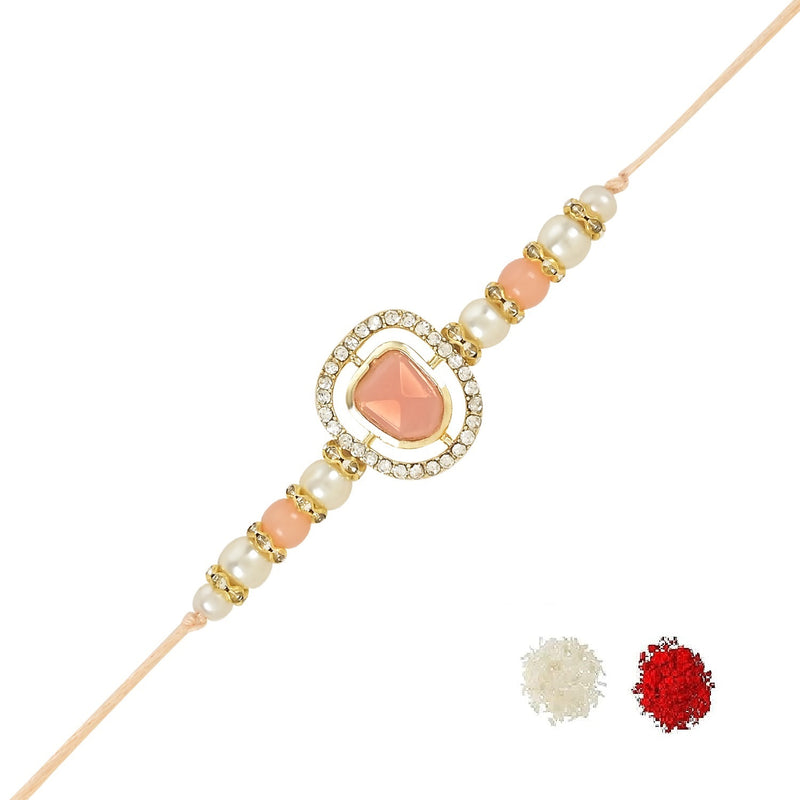 Dazzling Pearl Kundan Stone Rakhi with Roli Chawal & Card