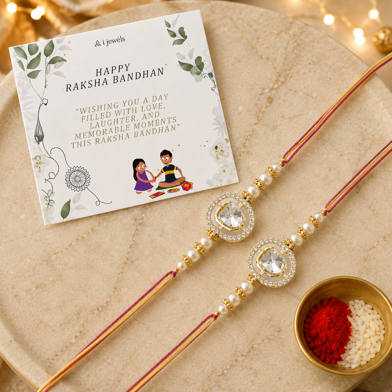 Dazzling Pearl Kundan Stone Rakhi with Roli Chawal & Card (Pack of 2)