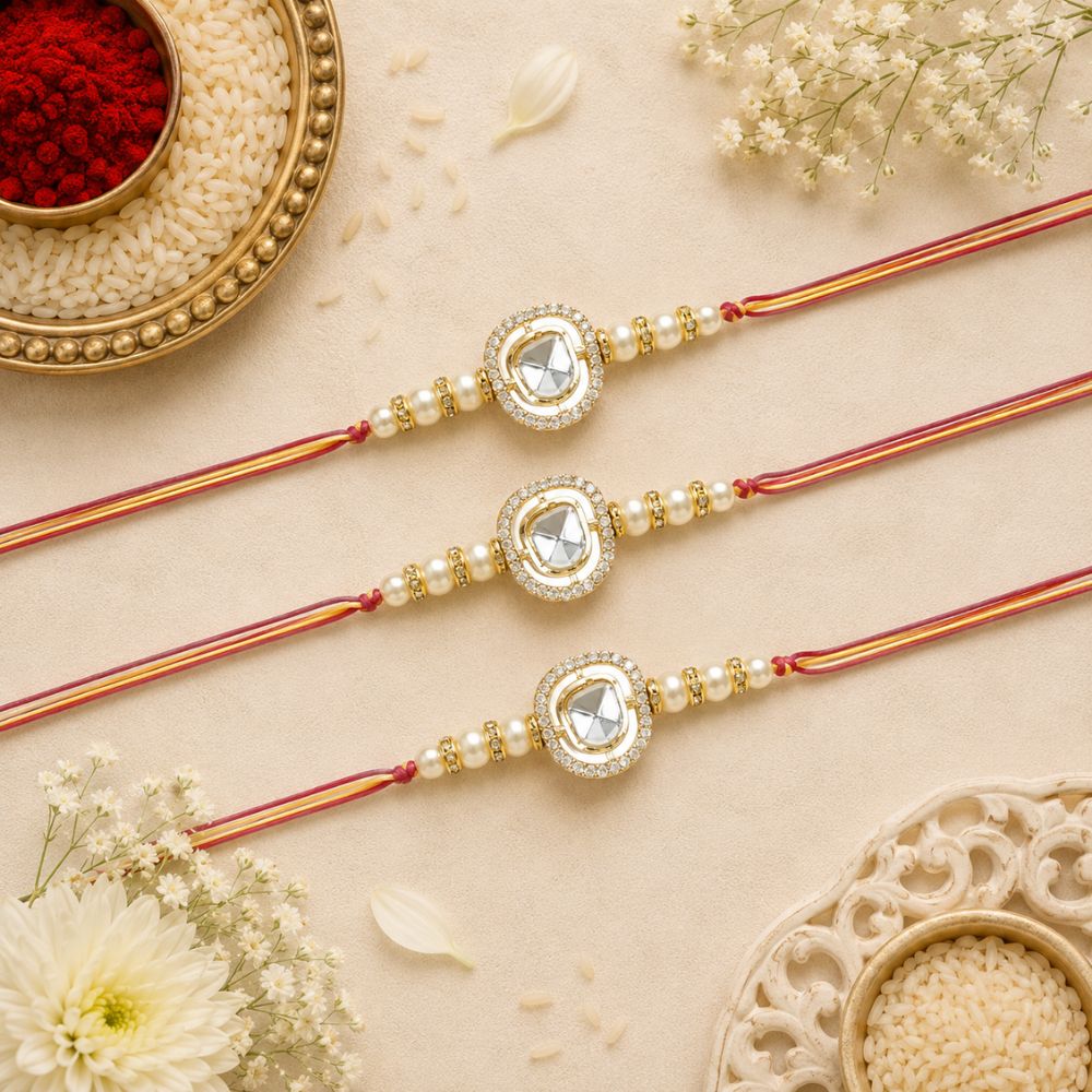 Dazzling Pearl Kundan Stone Rakhi with Roli Chawal & Card (Pack of 3)