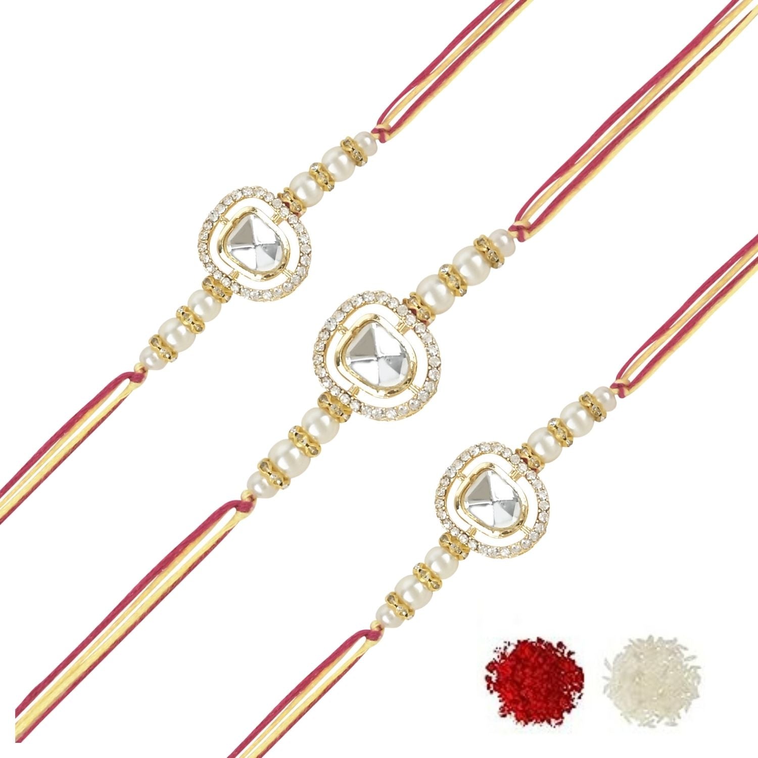 Dazzling Pearl Kundan Stone Rakhi with Roli Chawal & Card (Pack of 3)