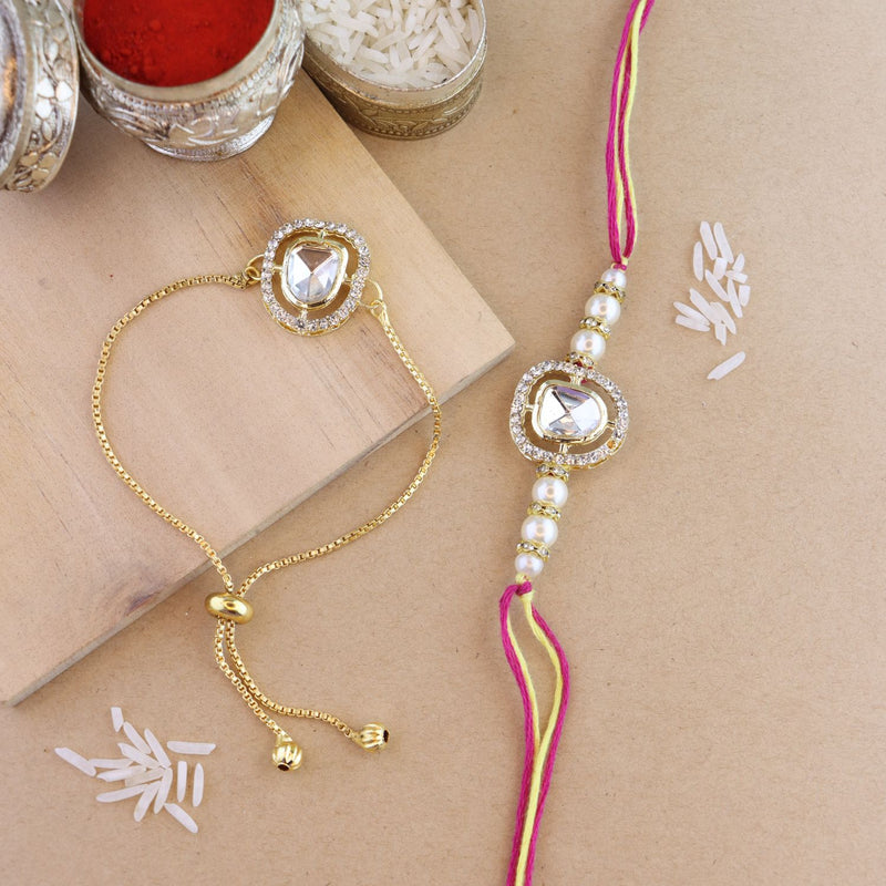kundan pearl bracelet and thread Rakhi set of 2 pair for bhaiya bhabhi |  Buy Online Bhaiya-Bhabhi Rakhi