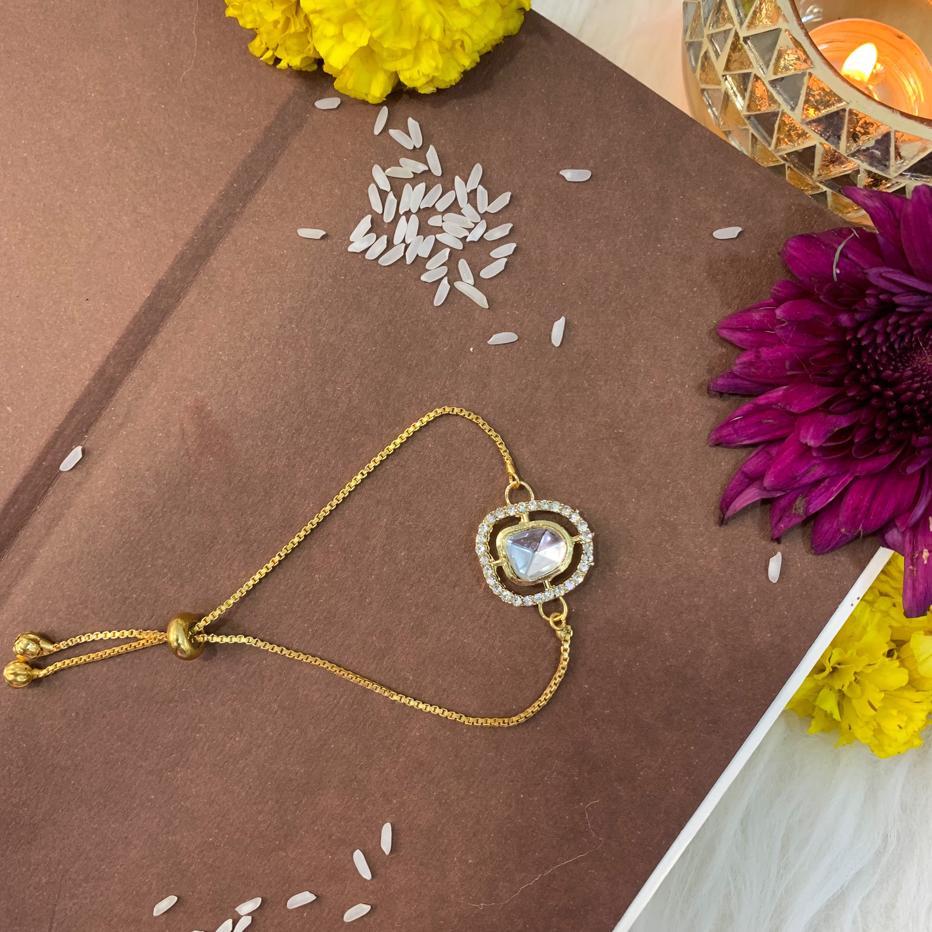 "Special Golden Tone Bracelet Style Bhabhi Rakhi "