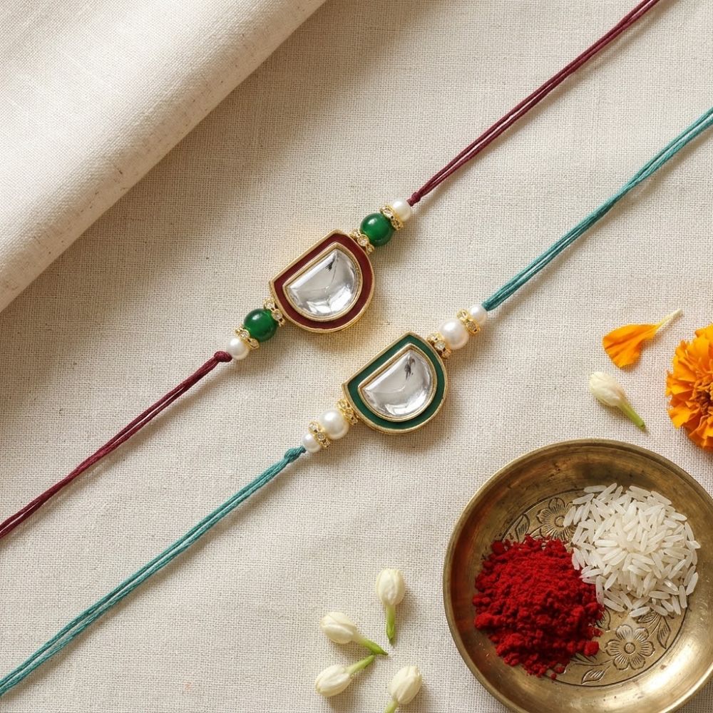 Dazzling Pearl Kundan Stone Rakhi with Roli Chawal & Card (Pack of 2)