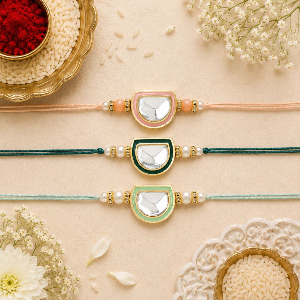 Dazzling Pearl Kundan Stone Rakhi with Roli Chawal & Card (Pack of 3)