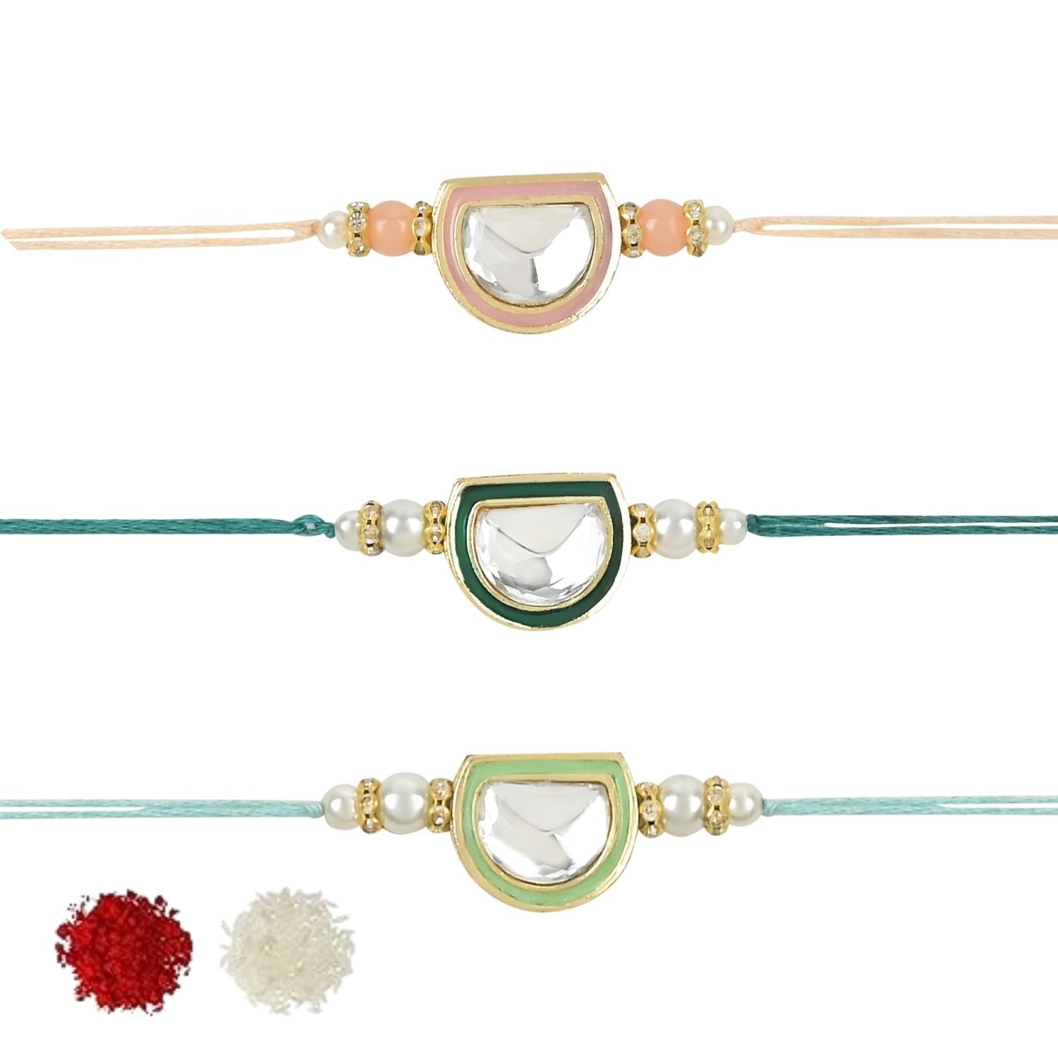 Dazzling Pearl Kundan Stone Rakhi with Roli Chawal & Card (Pack of 3)