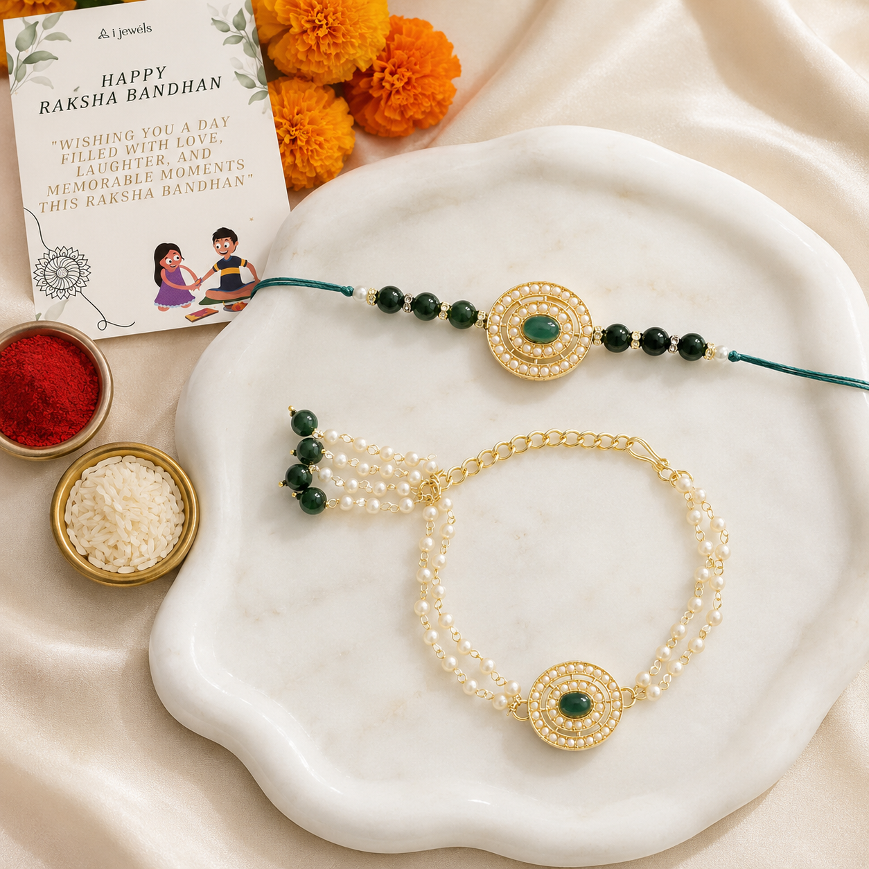 Elegant Bhaiya Bhabhi Lumba & Pearl Rakhi With Roli Chawal & Card