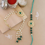 Elegant Bhaiya Bhabhi Lumba Pearl Rakhi With Roli Chawal & Card