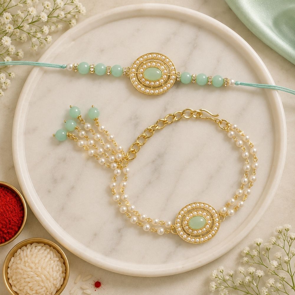 Elegant Bhaiya Bhabhi Lumba & Pearl Rakhi With Roli Chawal & Card