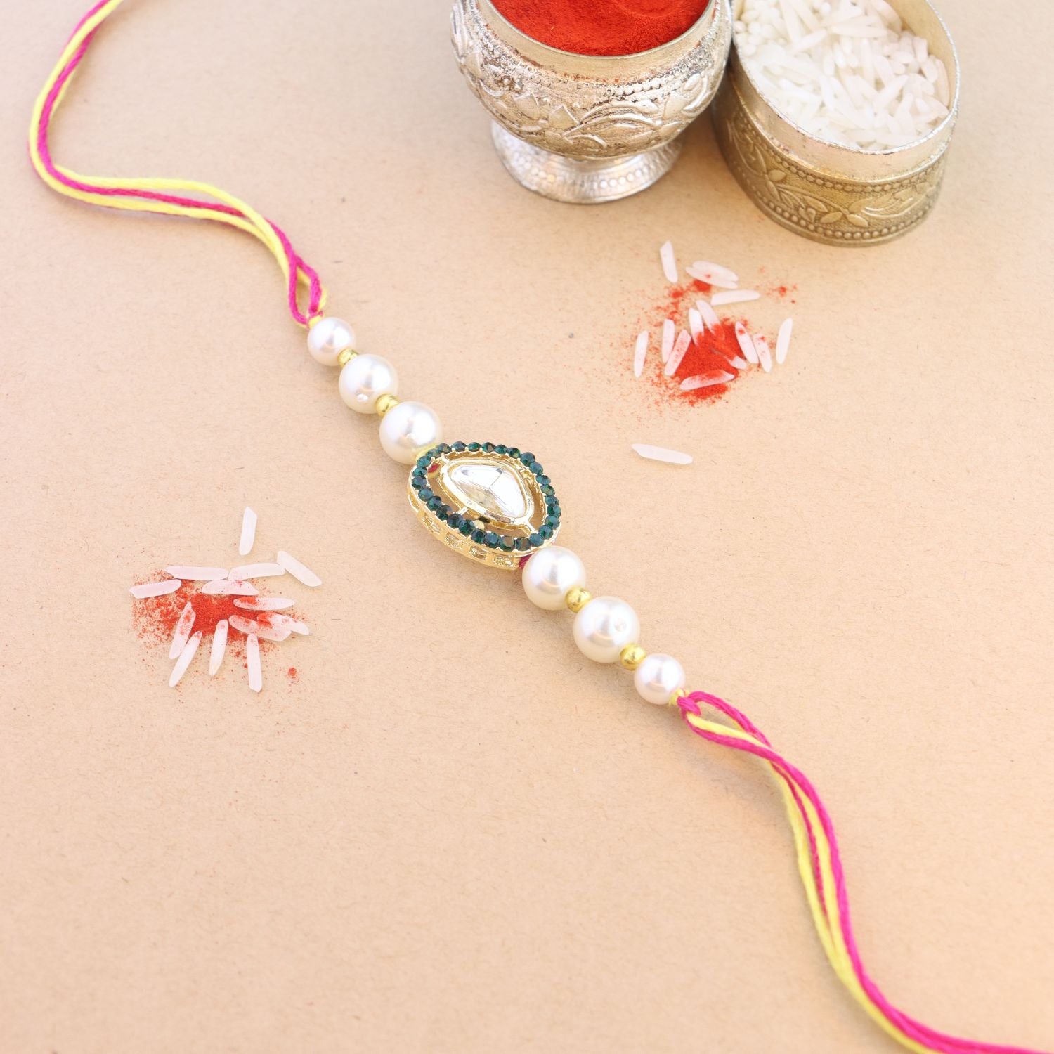 Beautiful Kundan & Pearl Rakhi with Roli Chawal & Card