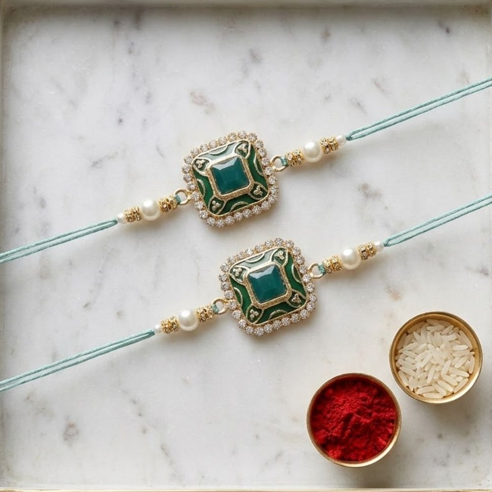 Colourful Beads And Meenakari Rakhi with Roli Chawal & Card (Pack of 2)