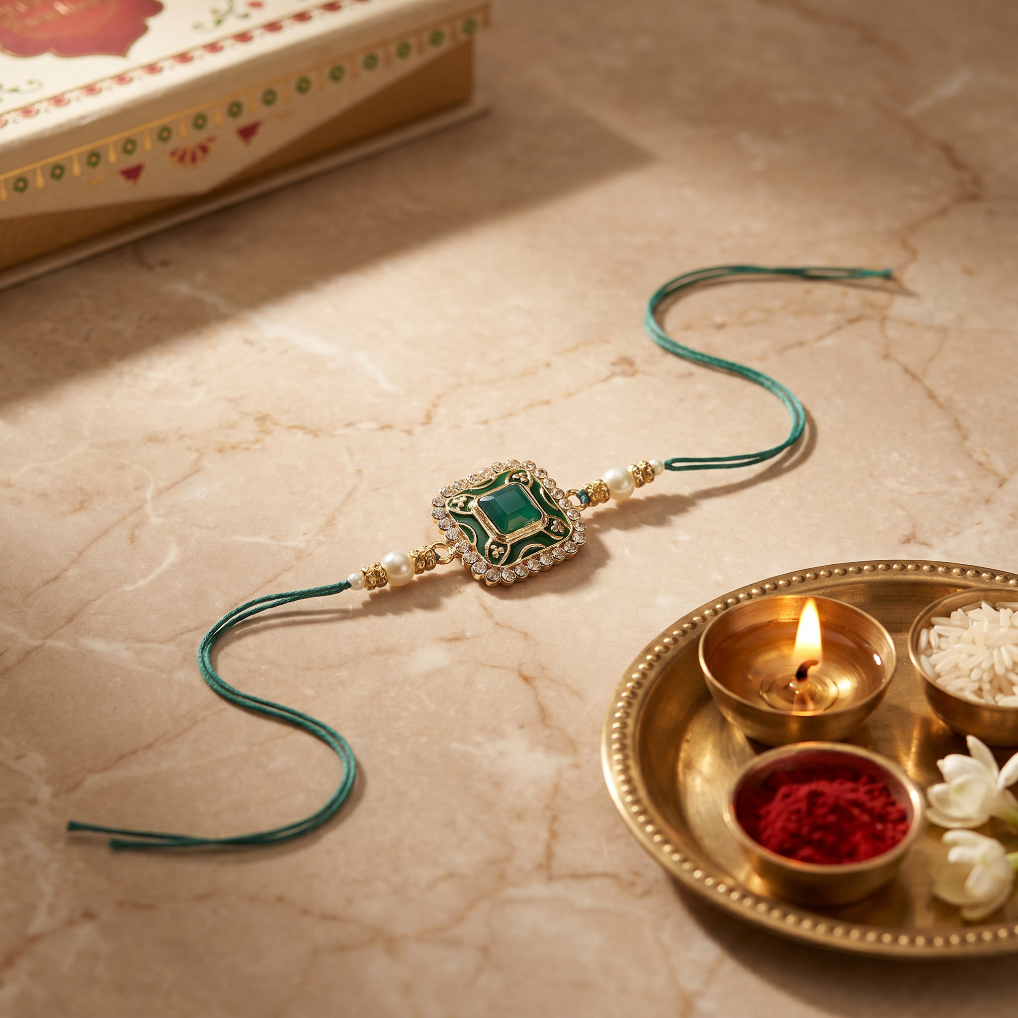 Colourful Beads And Meenakari Rakhi with Roli Chawal & Card