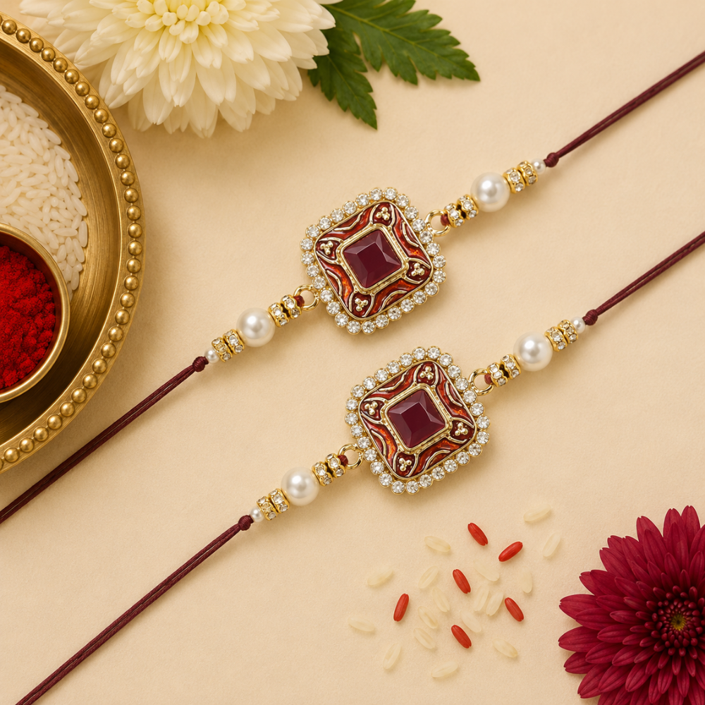 Colourful Beads And Meenakari Rakhi with Roli Chawal & Card (Pack of 2)
