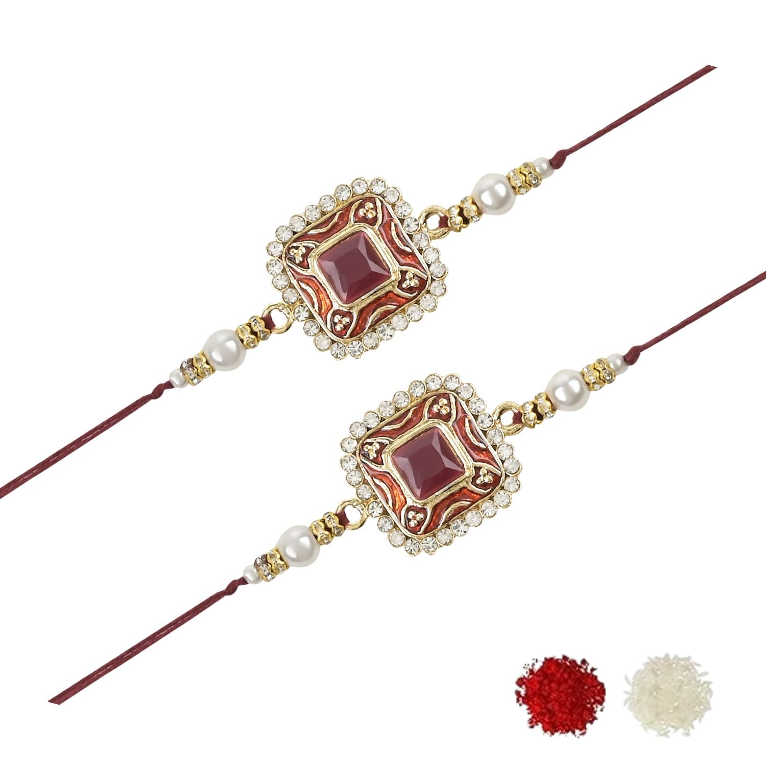 Colourful Beads And Meenakari Rakhi with Roli Chawal & Card (Pack of 2)